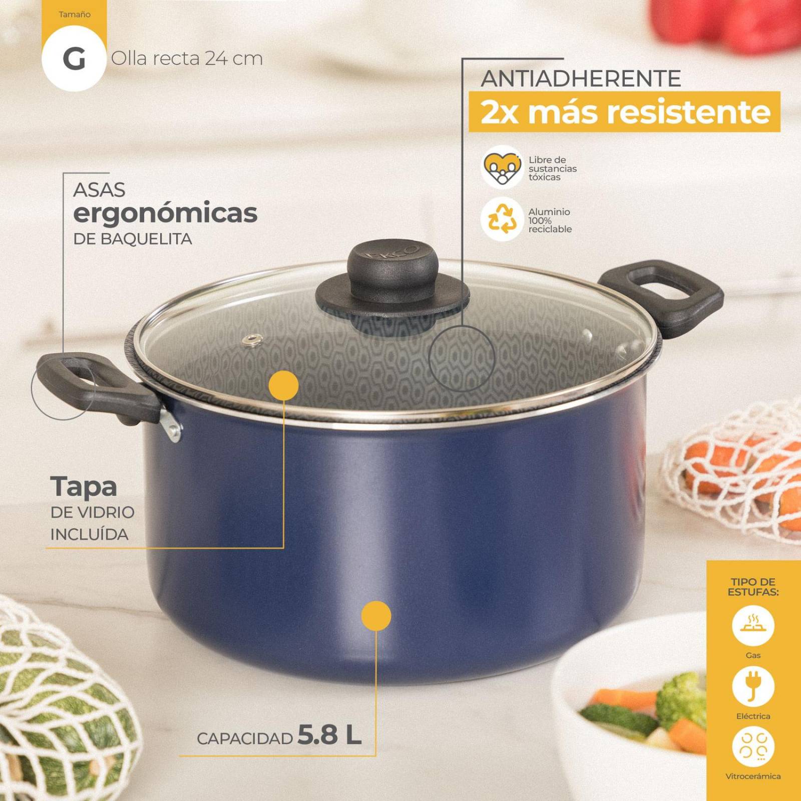 Olla de Aluminio Ekco Classic de 5.8 L /24 cm Color Azul 