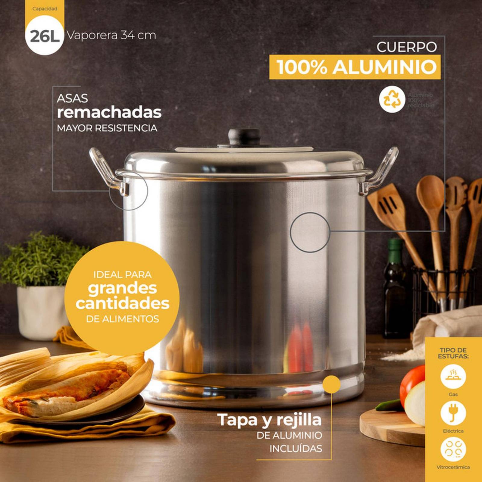 Vaporera Vasconia 26 Litros de Aluminio con Tapa 