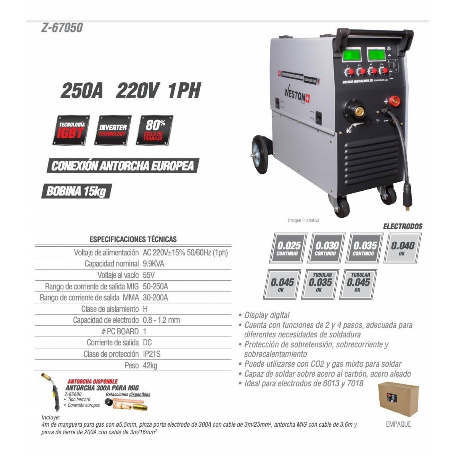 Inversor Mig/Mag/Mma/Tig 251 Amp 220V 1 Fase P/15Kg Plus Weston PLUS 