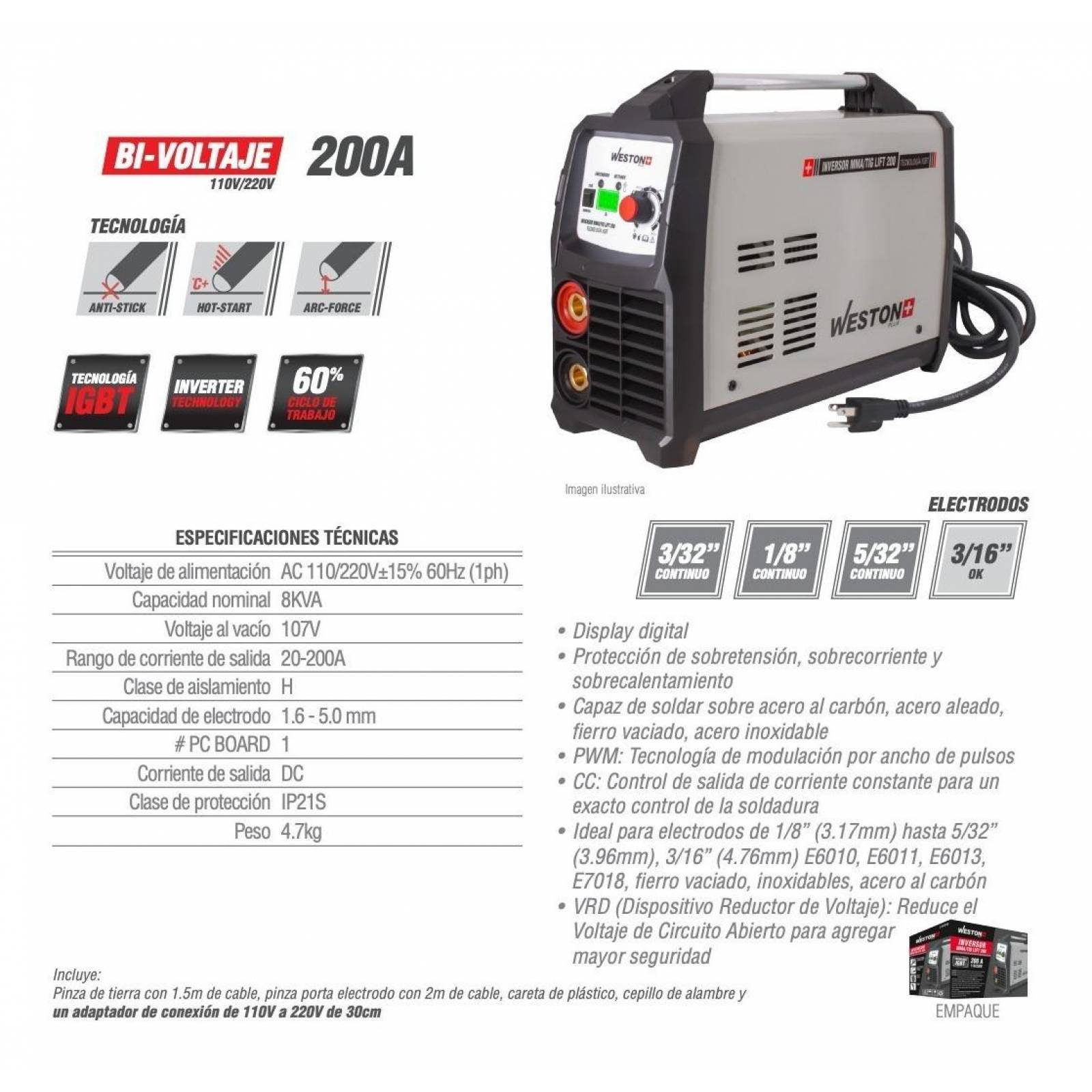 Inversor Mma 200Amp 110/220V 1 Fase Igbt Plus C/Lift Tig Weston PLUS