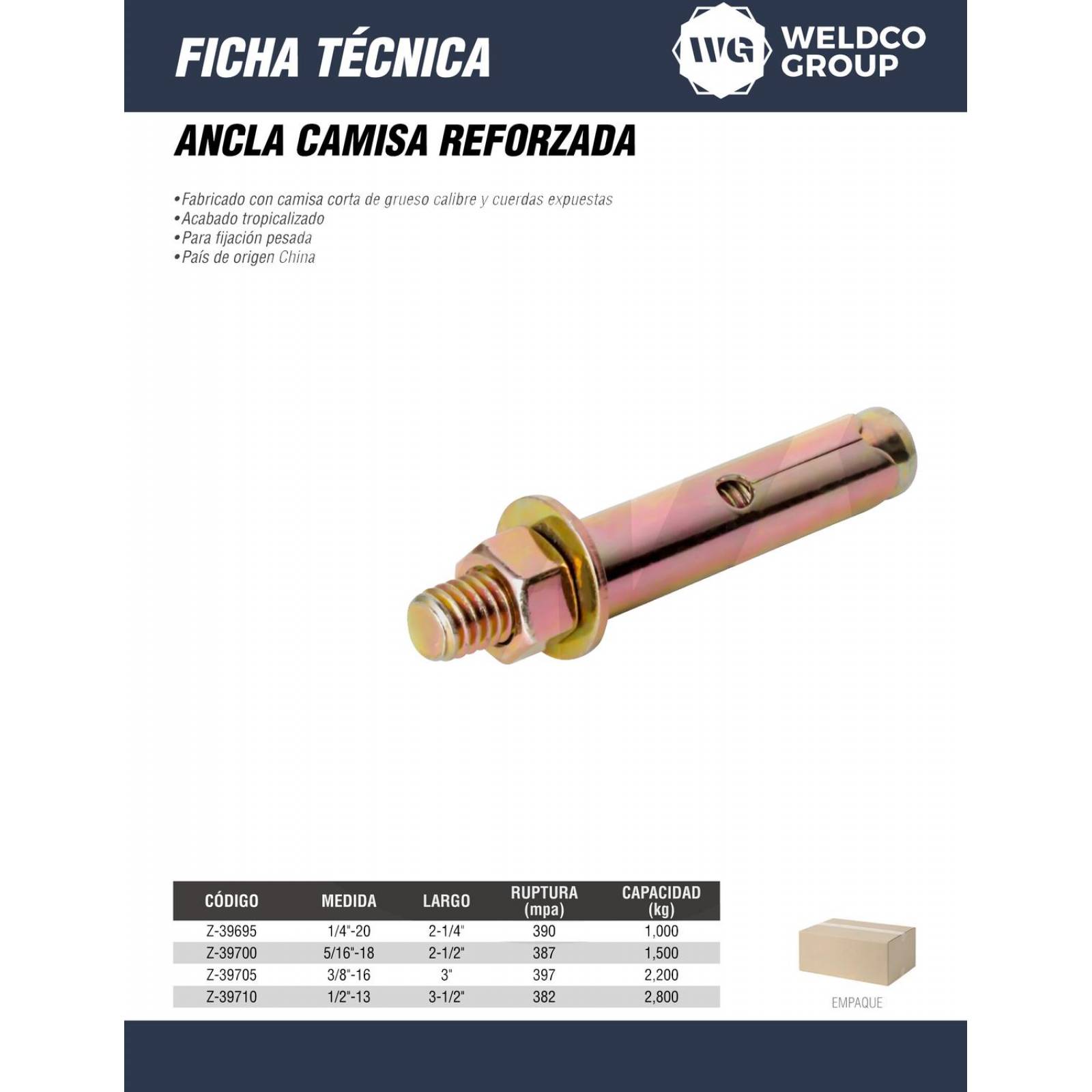Ancla Camisa Reforzada 3/8 " X 3 " - Empaque C/100 Pzas Weston Tools