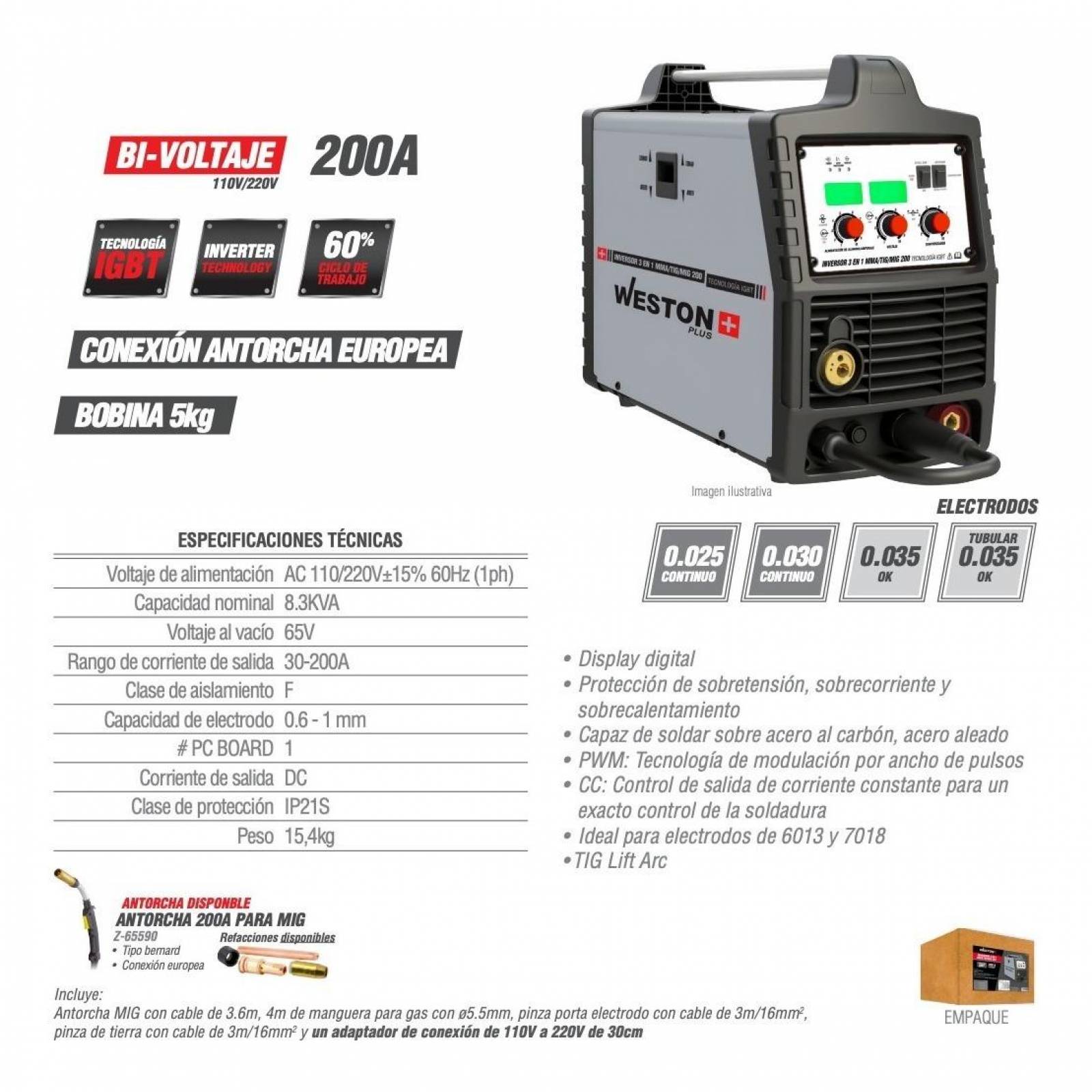 Inversor Multiprocesos 200A 3 En 1, Mma/Tig/Mig 110/220V 1Ph Weston PLUS 