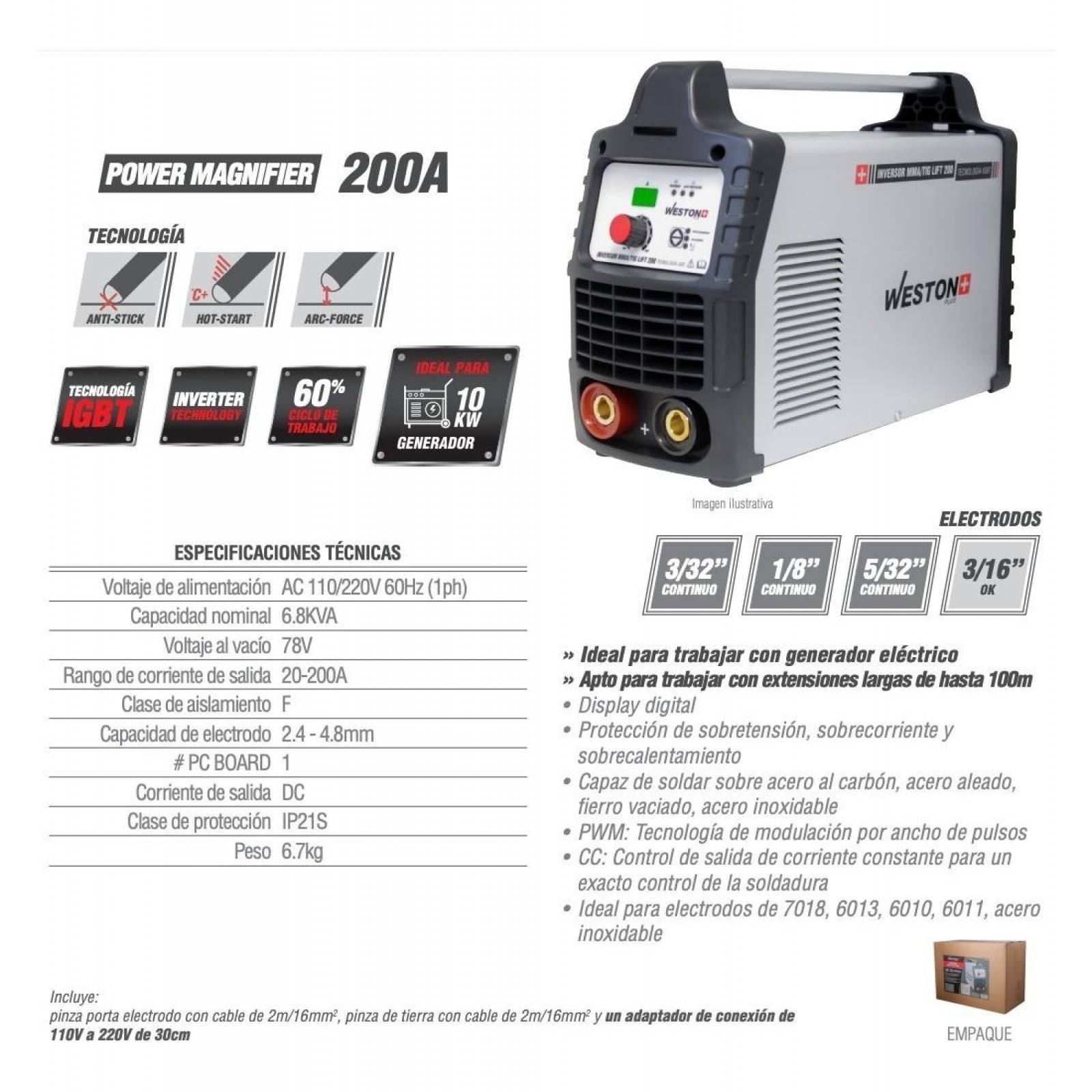 Inversor Mma 200Amp Power Magnifier  110/220V 1Ph Weston PLUS 