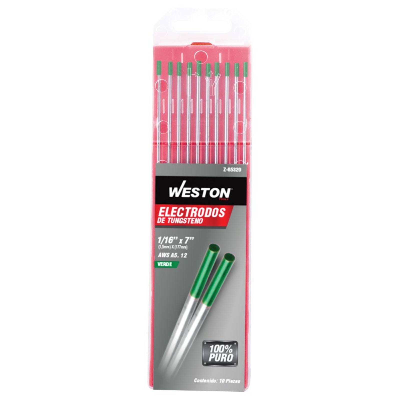 Electrodo D/Tungsteno Verde Puro 1/16"X7 (10 Pzs.) Weston Tools 