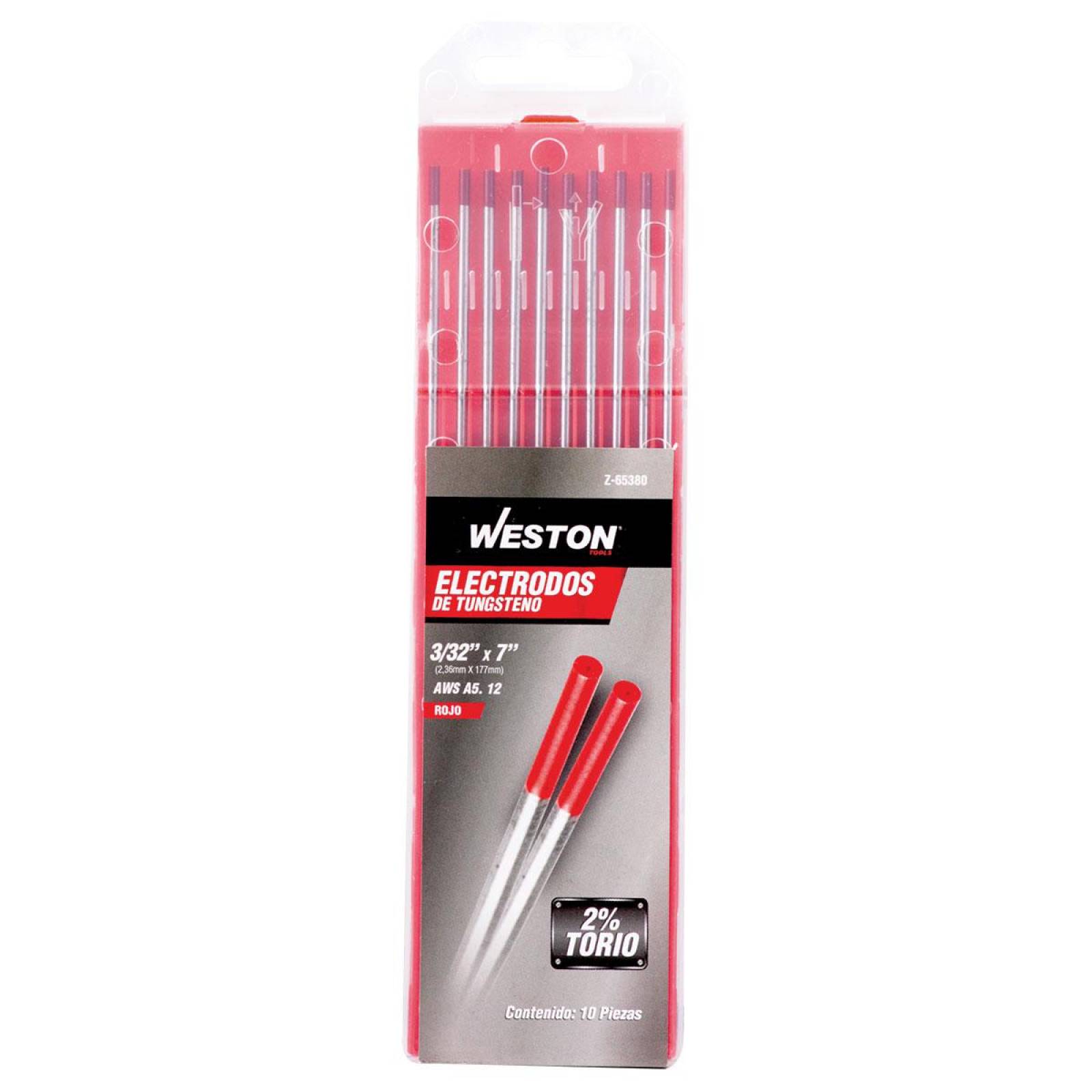 Electrodo D/Tungsteno 2% Th Rojo 3/32"X7 (10 Pzs.) Weston Tools 