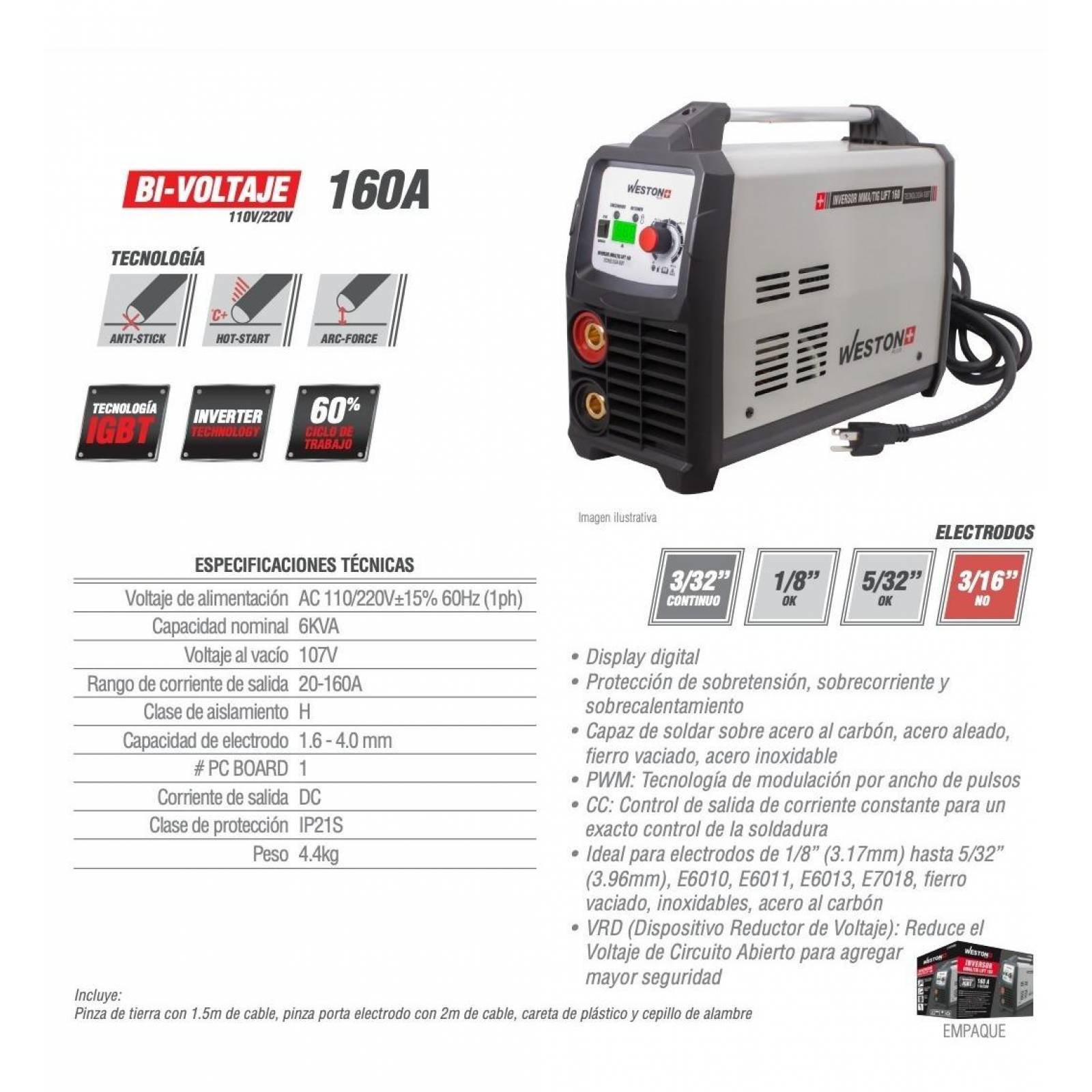Inversor Mma 160Amp 110/220V 1 Fase Igbt Plus C/Lift Tig Weston PLUS 
