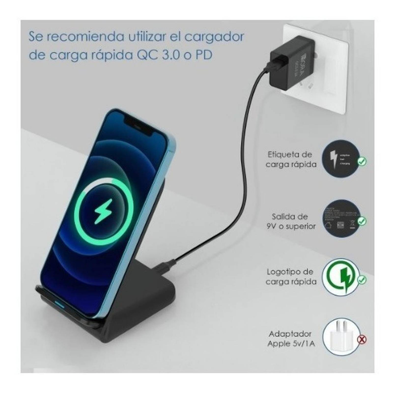 Cargador Inalámbrico Qi Con Carga Turbo Qc 3.0 Ip/sa 1 Hora 
