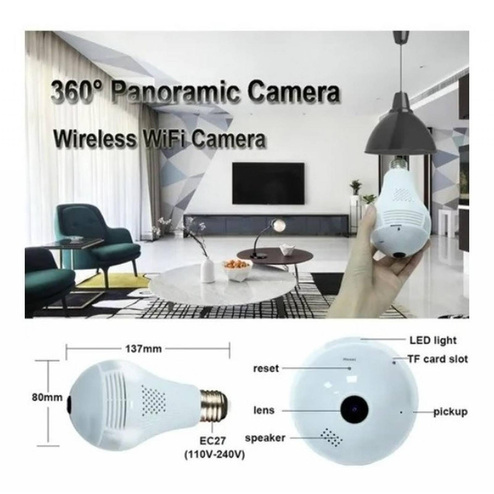 Foco Led Inteligente Con Cámara Panorámica Wifi 360 1080p 