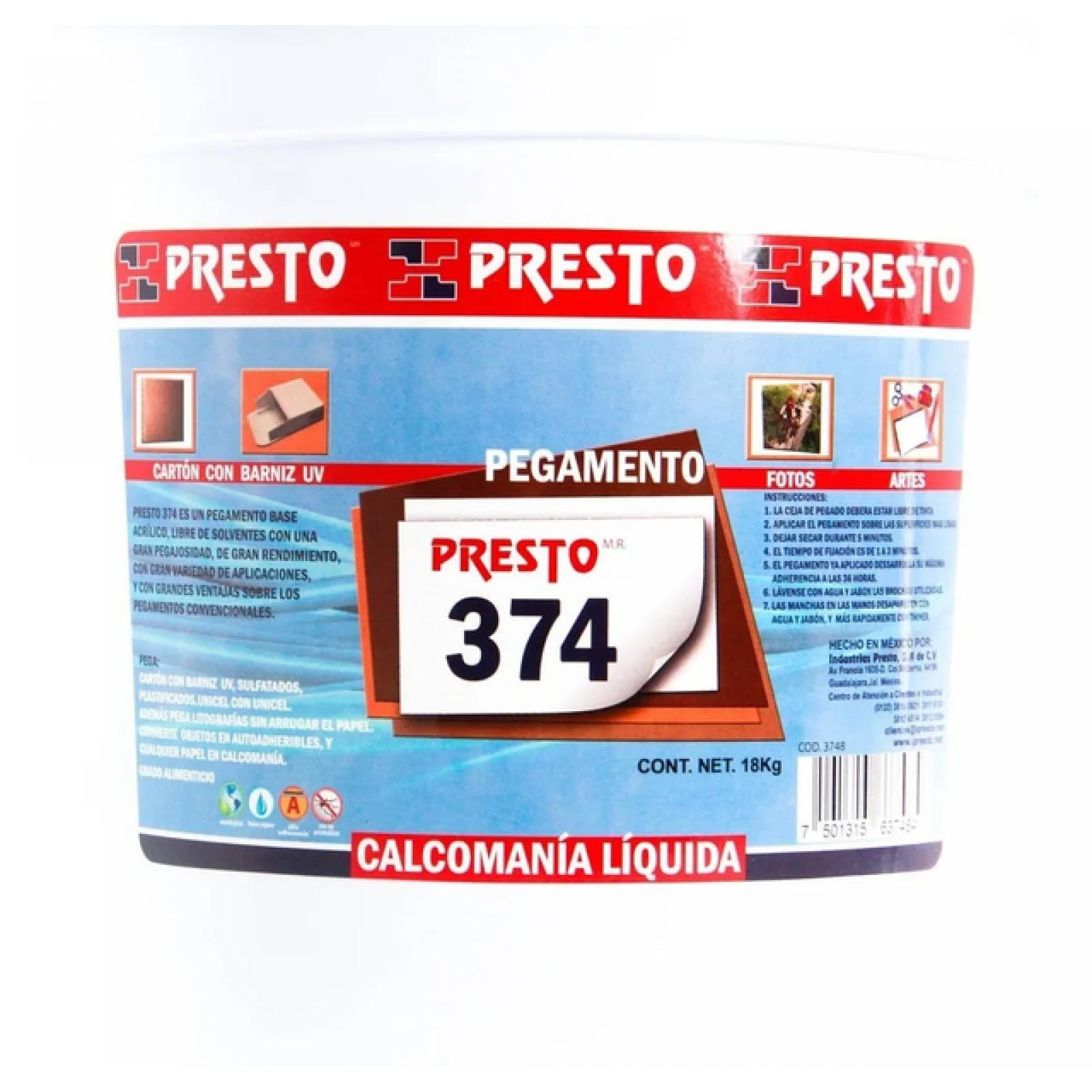 Pegamento Acrilico 374 Presto Secado Transparente - Cubeta 18 Kg