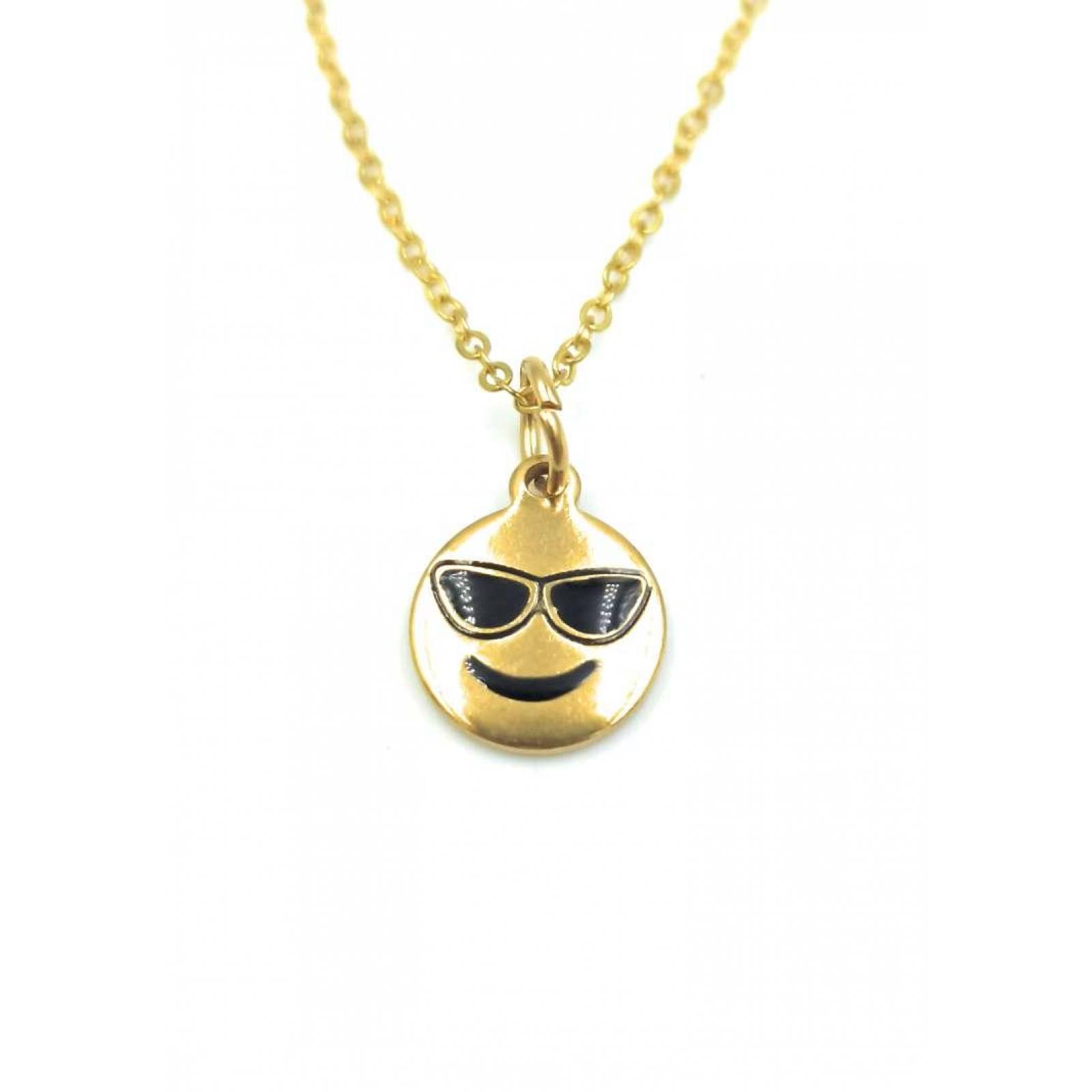 Joya Cadena Y Dije Emoji Sonriente C Gafas Obscuras Acero Dorado