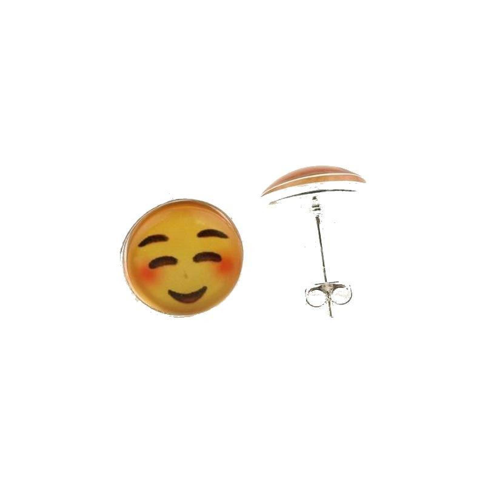 Joya Aretes Broquel Emoji Carita Sonrie Ojos Cerrados Acero