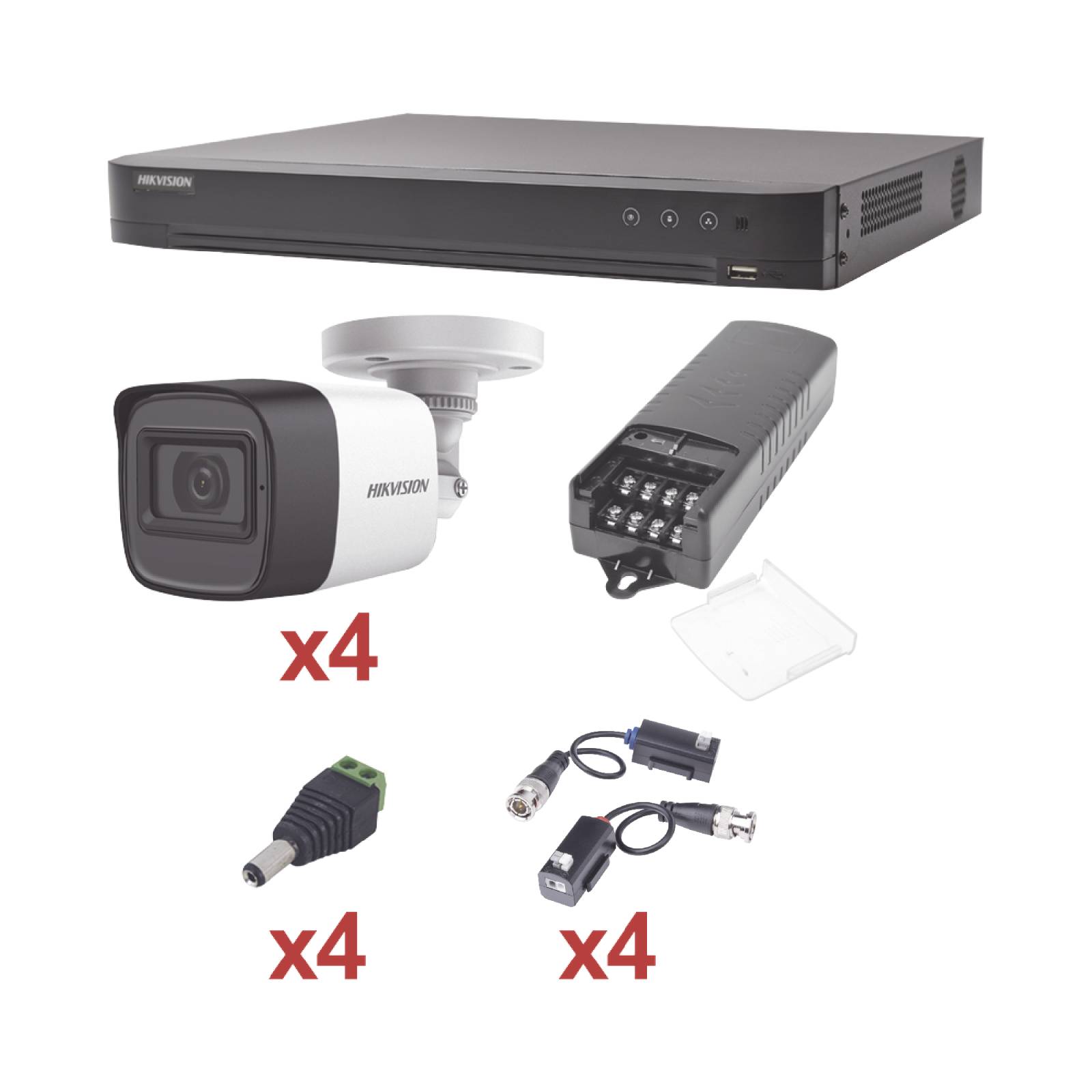 KIT TurboHD 1080p / DVR 4 Canales / 4 Cámaras Bala (exterior 2.8 mm) / Transceptores / Conectores / Fuente de Poder Profesional