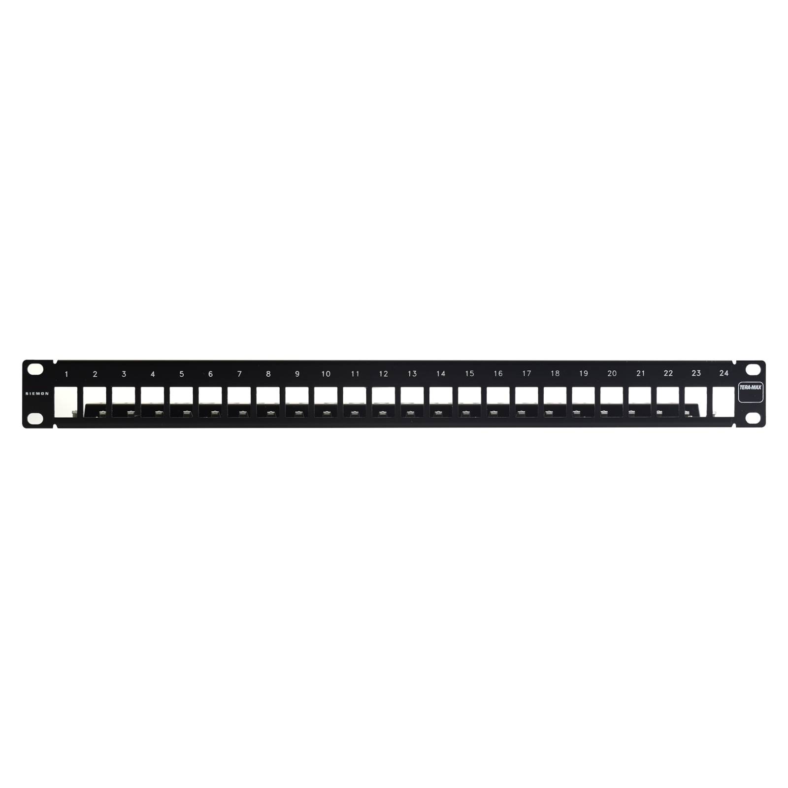 Patch Panel TERA-MAX Blindado de 24 Puertos, Modular, Plano, Color Negro, 1UR