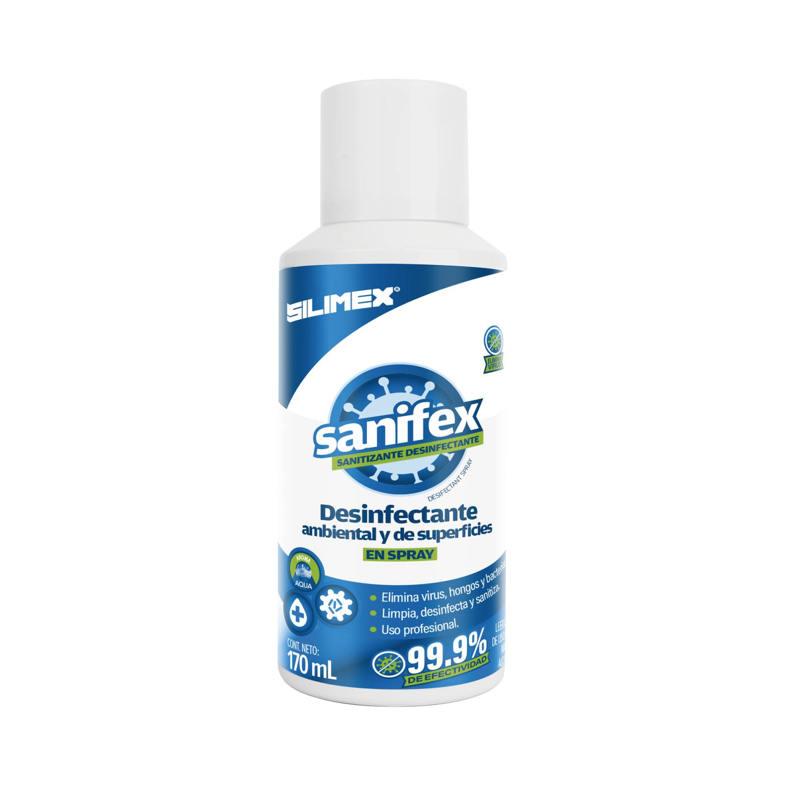 Sanitizante en spray, formulado para desinfectar las superficies en el hogar, oficinas, escuelas, hospitales, clinicas, gimnasios y fabricas, presentación 170 ml