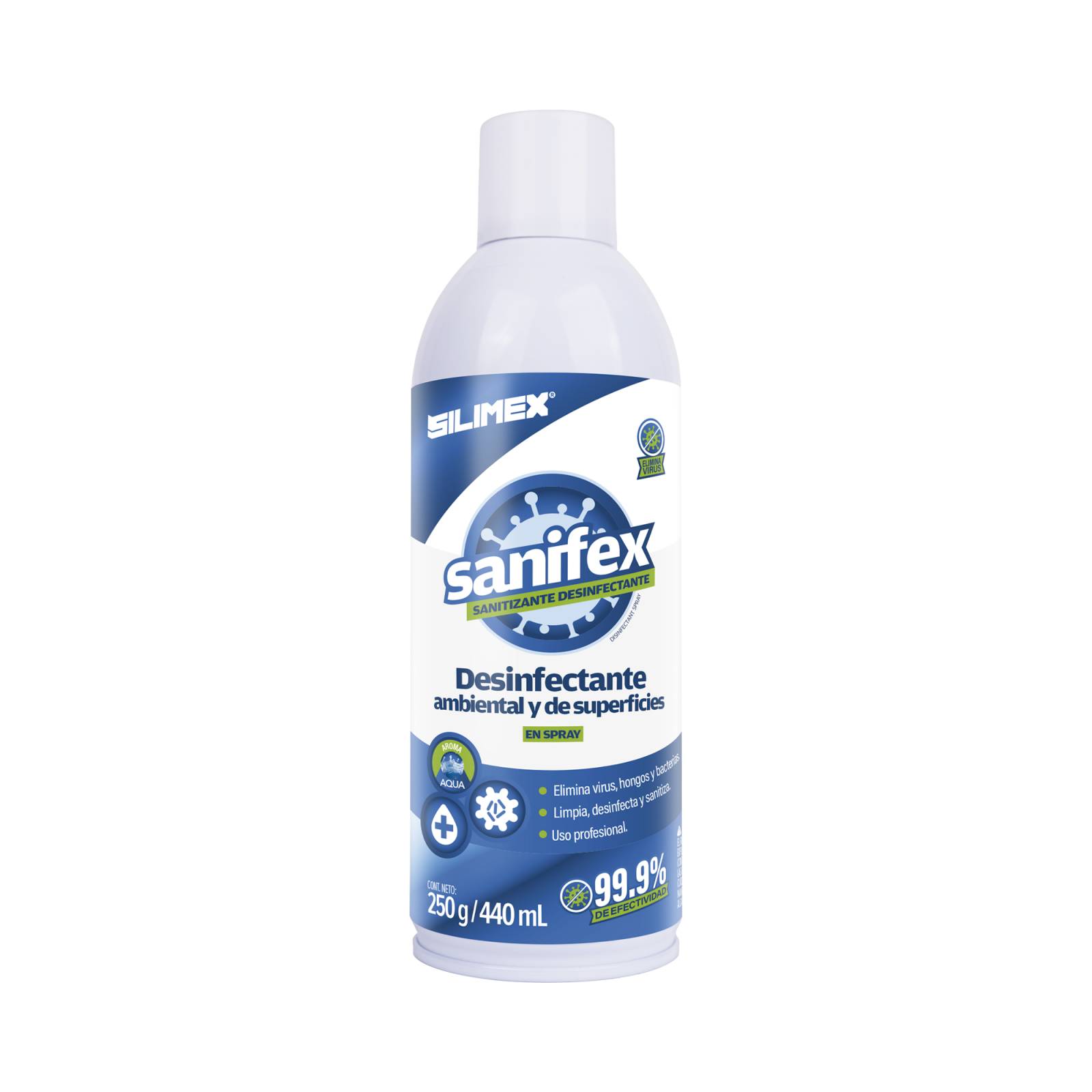 Sanitizante en spray, formulado para desinfectar las superficies en el hogar, oficinas, escuelas, hospitales, clinicas, gimnasios y fabricas, presentación 440 ml