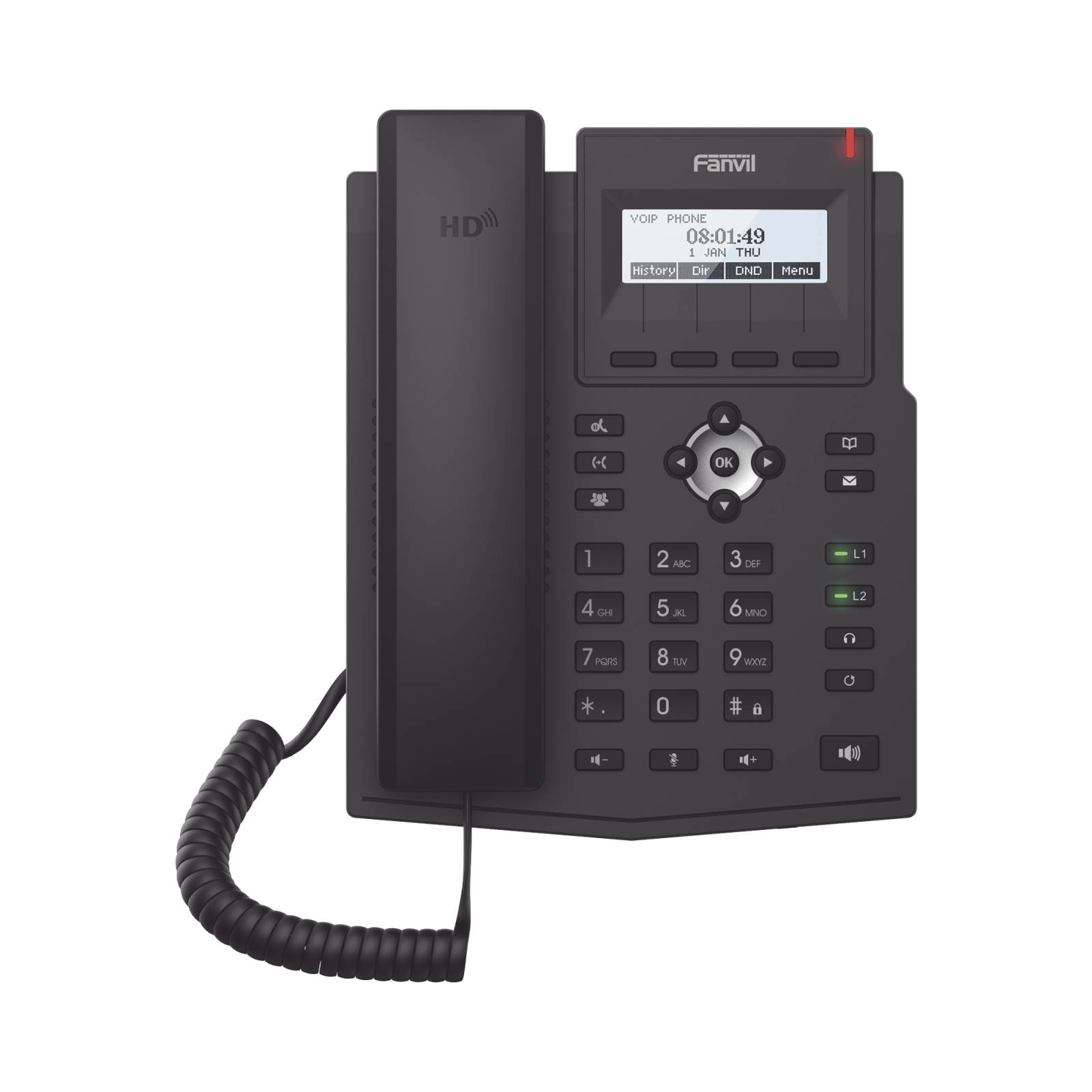 Teléfono IP empresarial para 2 lineas SIP con pantalla LCD, Códec Opus, conferencia de 3 vías, PoE.