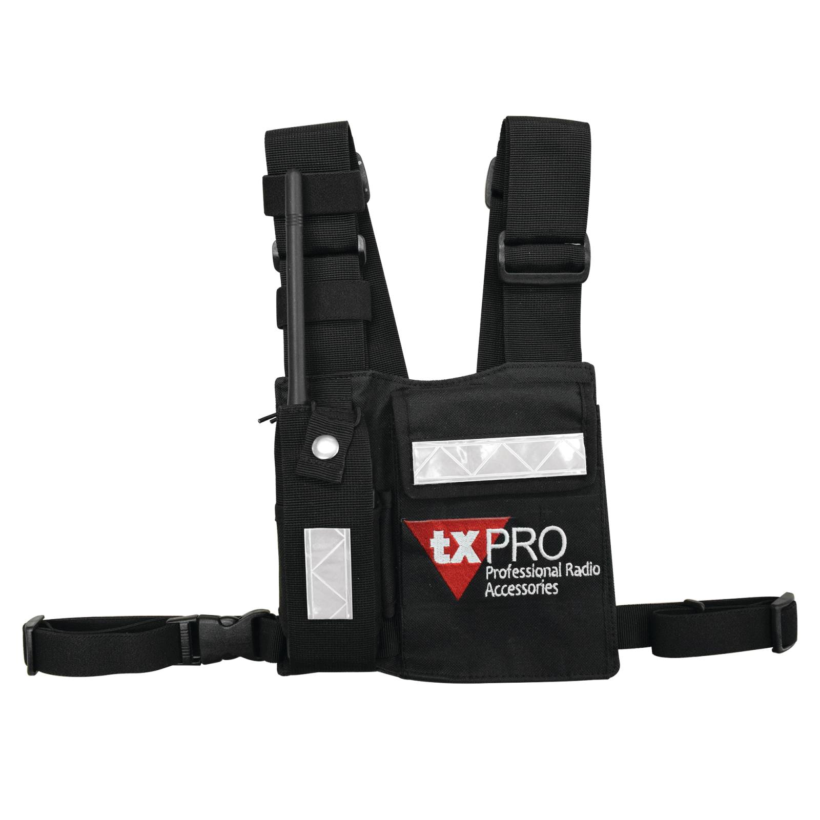 Pechera Universal con soporte para radio, sostén de bolígrafo y seguridad para la bolsa con cinta adherente. Logo TX-PRO.