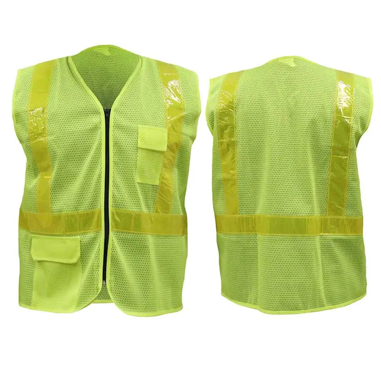 Chaleco de seguridad verde con reflejante y cierre.