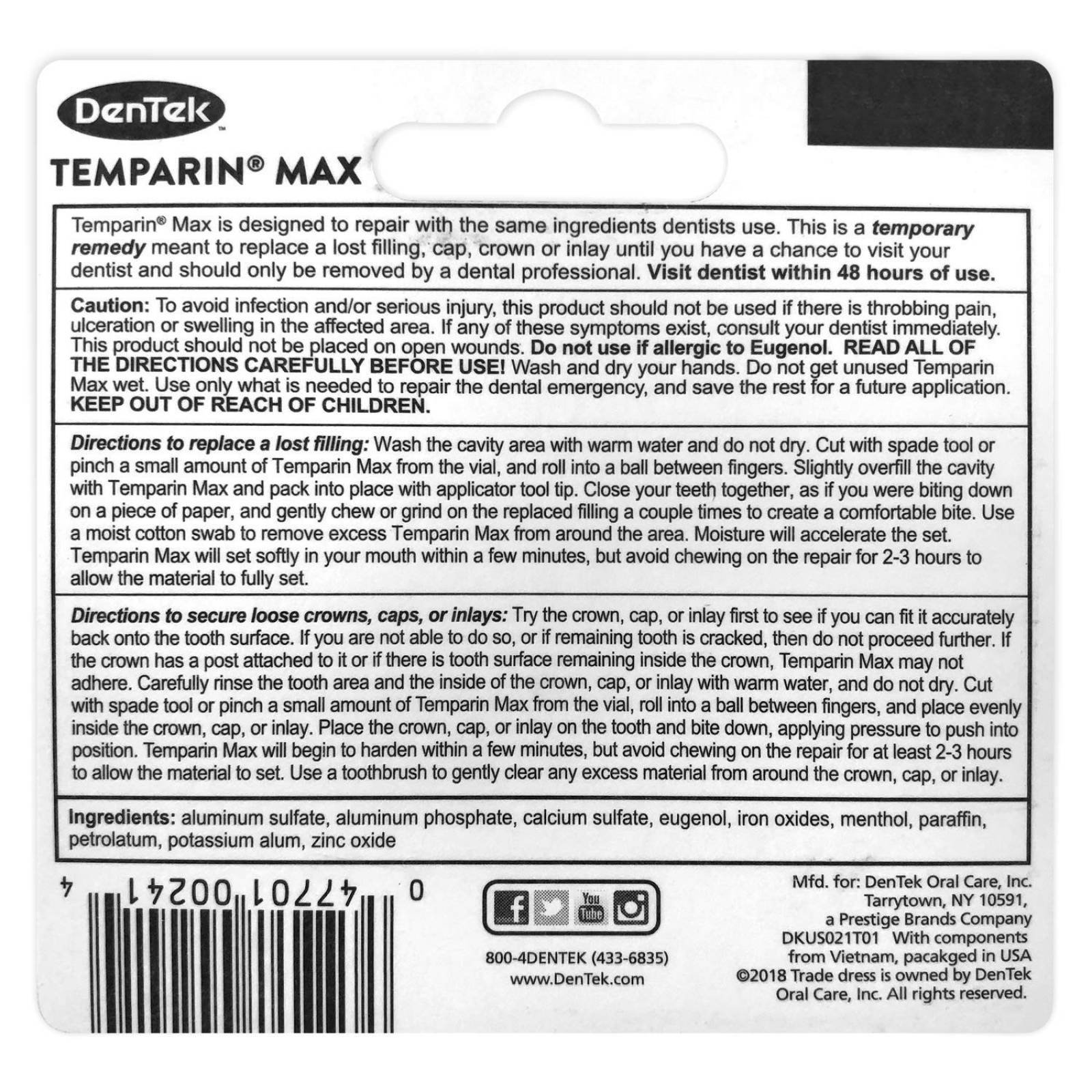 DenTek Temparin Max Lost Filling and Loose Cap Repair Kit, One Step Formula