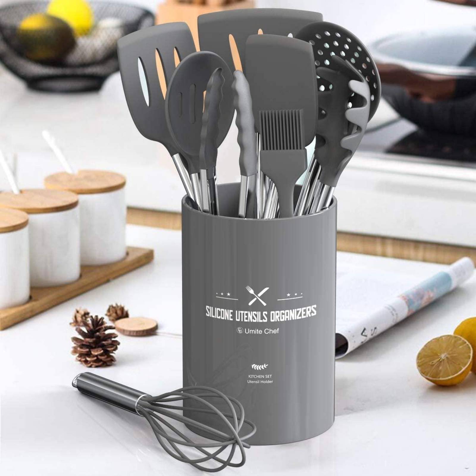 Juego de 15 utensilios de cocina (color gris) 