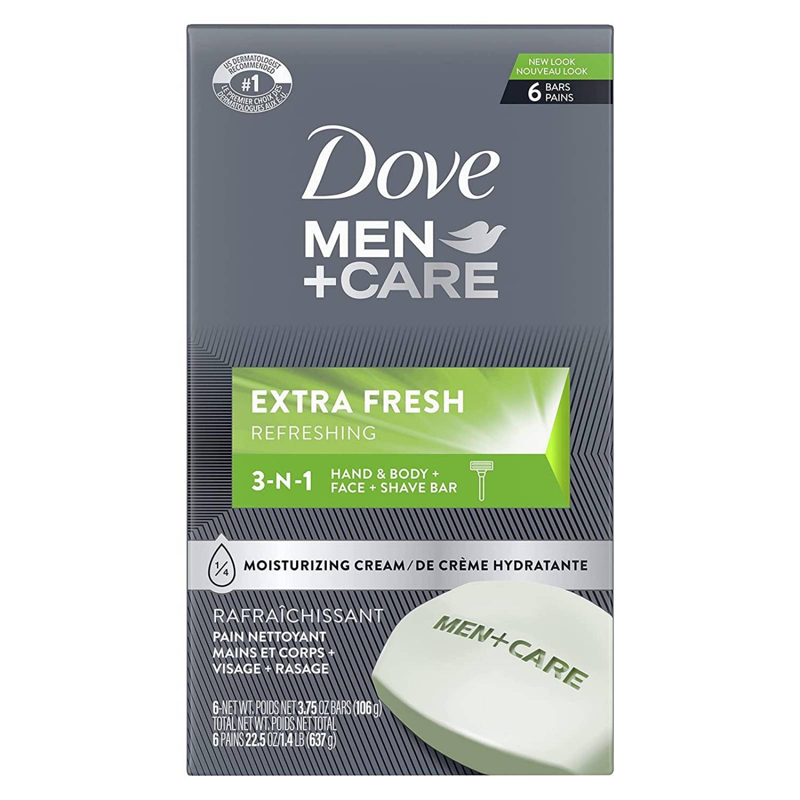 Dove jabón en barra 3en1 para cuerpo, cara y afeitado, Extra Fresh - 3.75oz (6 barras) 