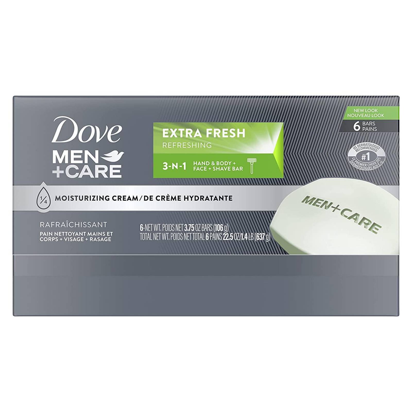 Dove jabón en barra 3en1 para cuerpo, cara y afeitado, Extra Fresh - 3.75oz (6 barras) 