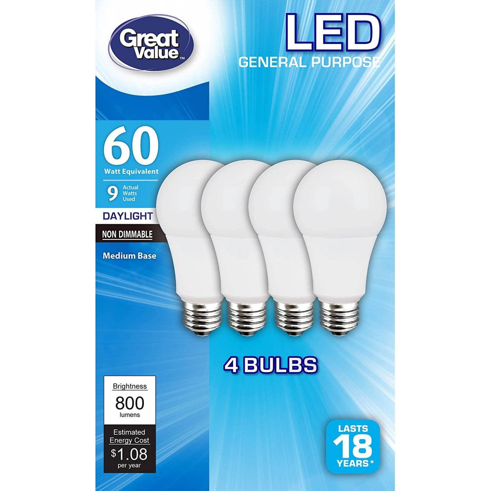 Great Value Bombilla LED, 18 años (x2 de vida útil), uso general, 60 W, luz diurna, 4 unidades 