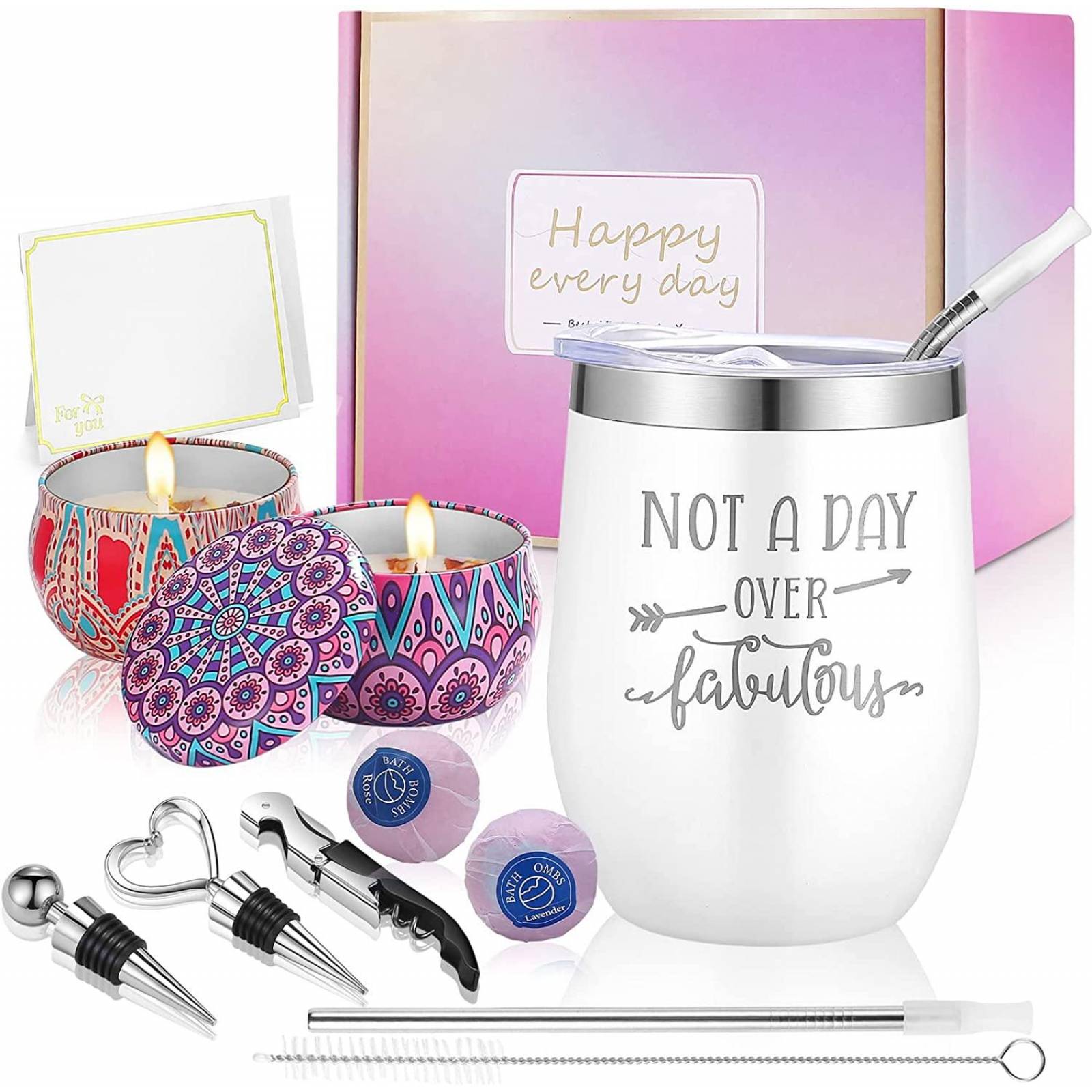 Set de regalo con vaso de vino (blanco)+bombas de baño+velas aromáticas 