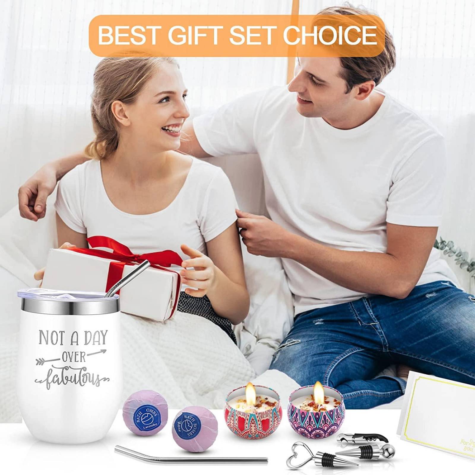 Set de regalo con vaso de vino (blanco)+bombas de baño+velas aromáticas 