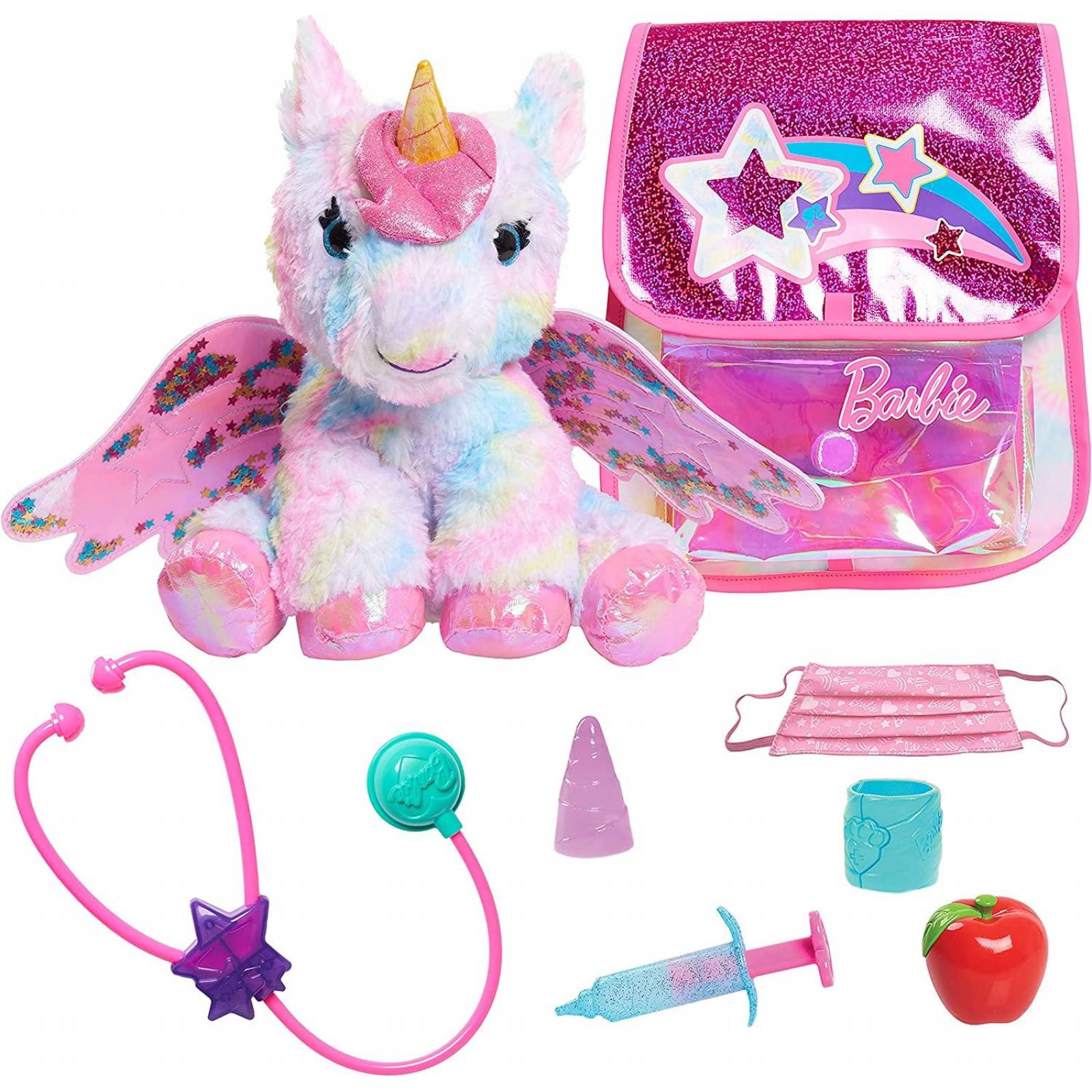 Barbie Dreamtopia Unicornio Doctor, luces y sonidos interactivos de peluche con mochila 
