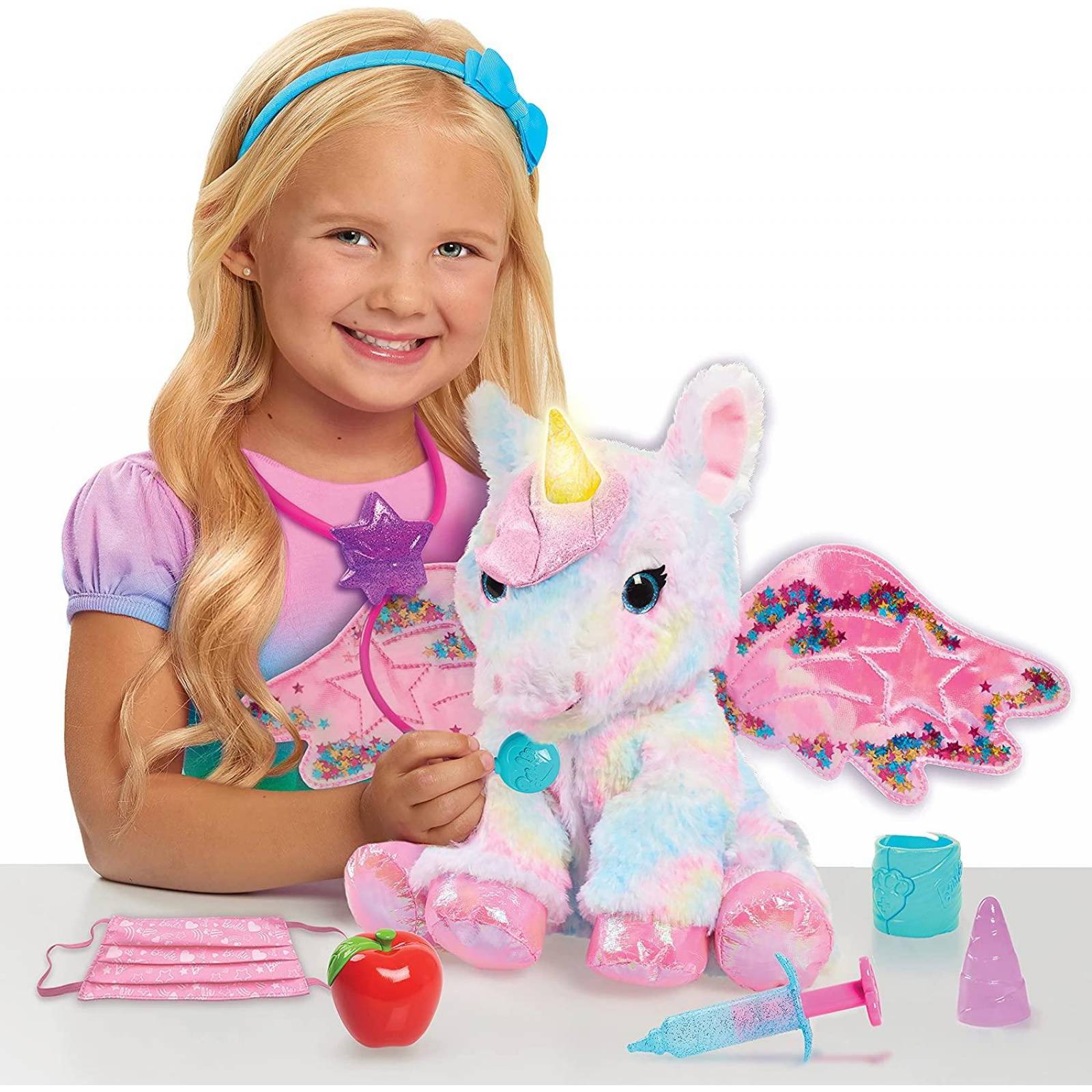 Barbie Dreamtopia Unicornio Doctor, luces y sonidos interactivos de peluche con mochila 