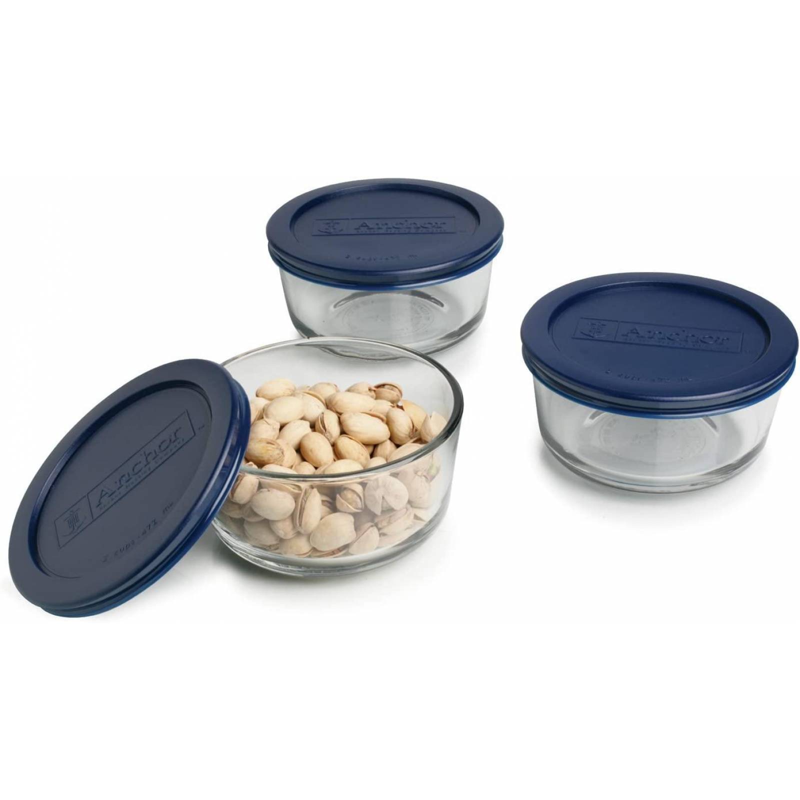 Anchor Hocking Recipientes de almacenamiento de alimentos de vidrio templado, sin BPA, tapas azules