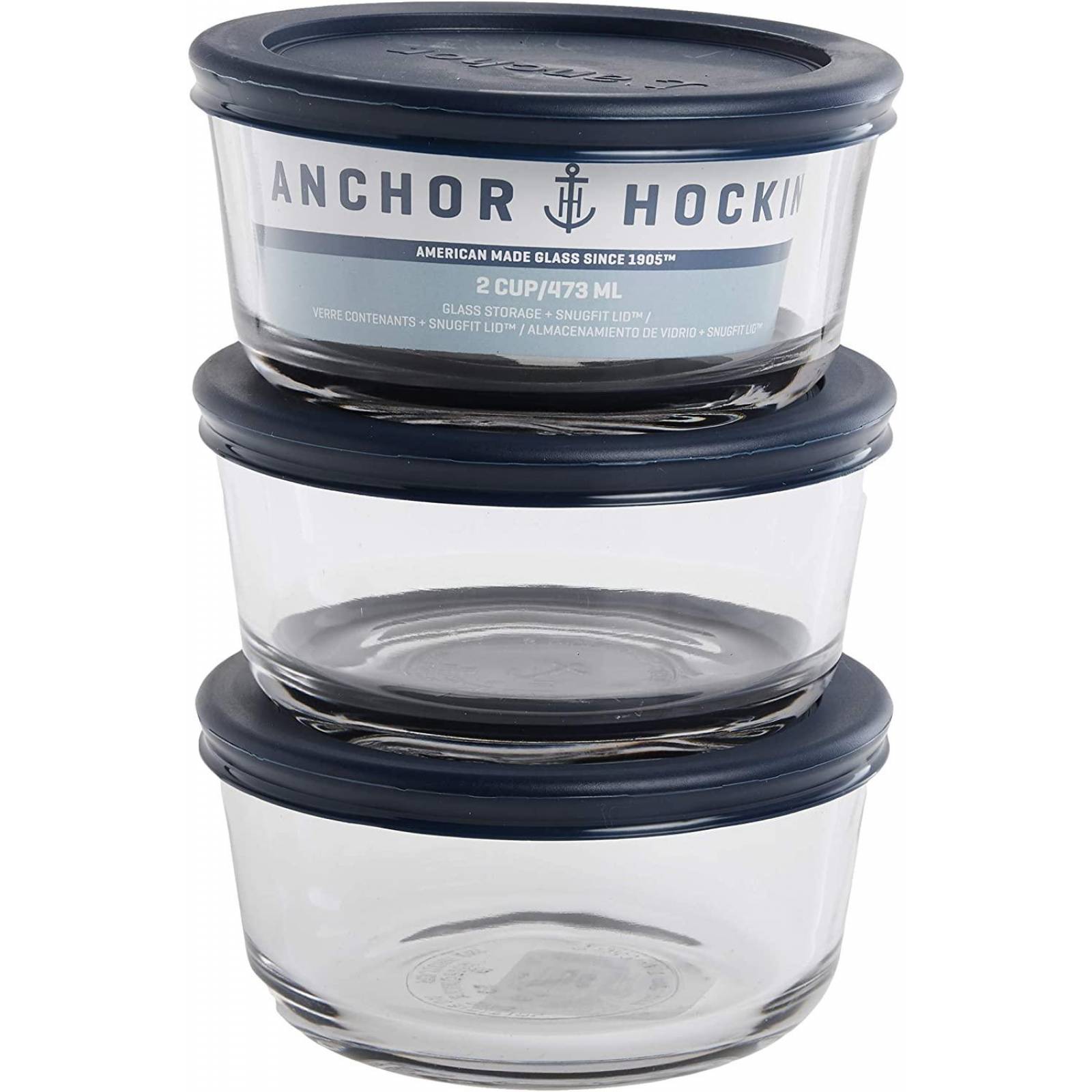 Anchor Hocking Recipientes de almacenamiento de alimentos de vidrio templado, sin BPA, tapas azules
