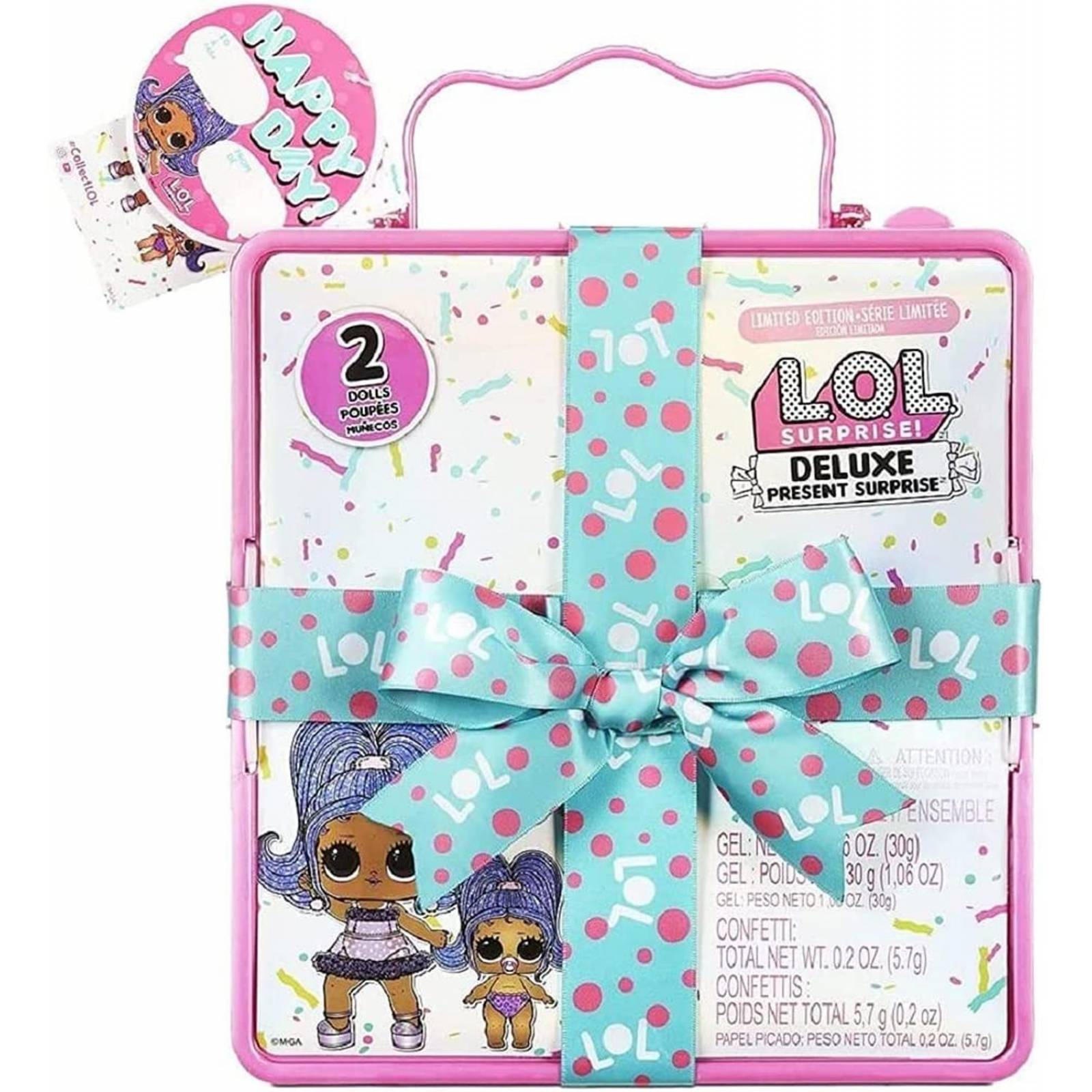 LOL Surprise Deluxe Present Surprise, Serie 2 Tema de fiesta de pijamas, muñeca y hermana pequeña 