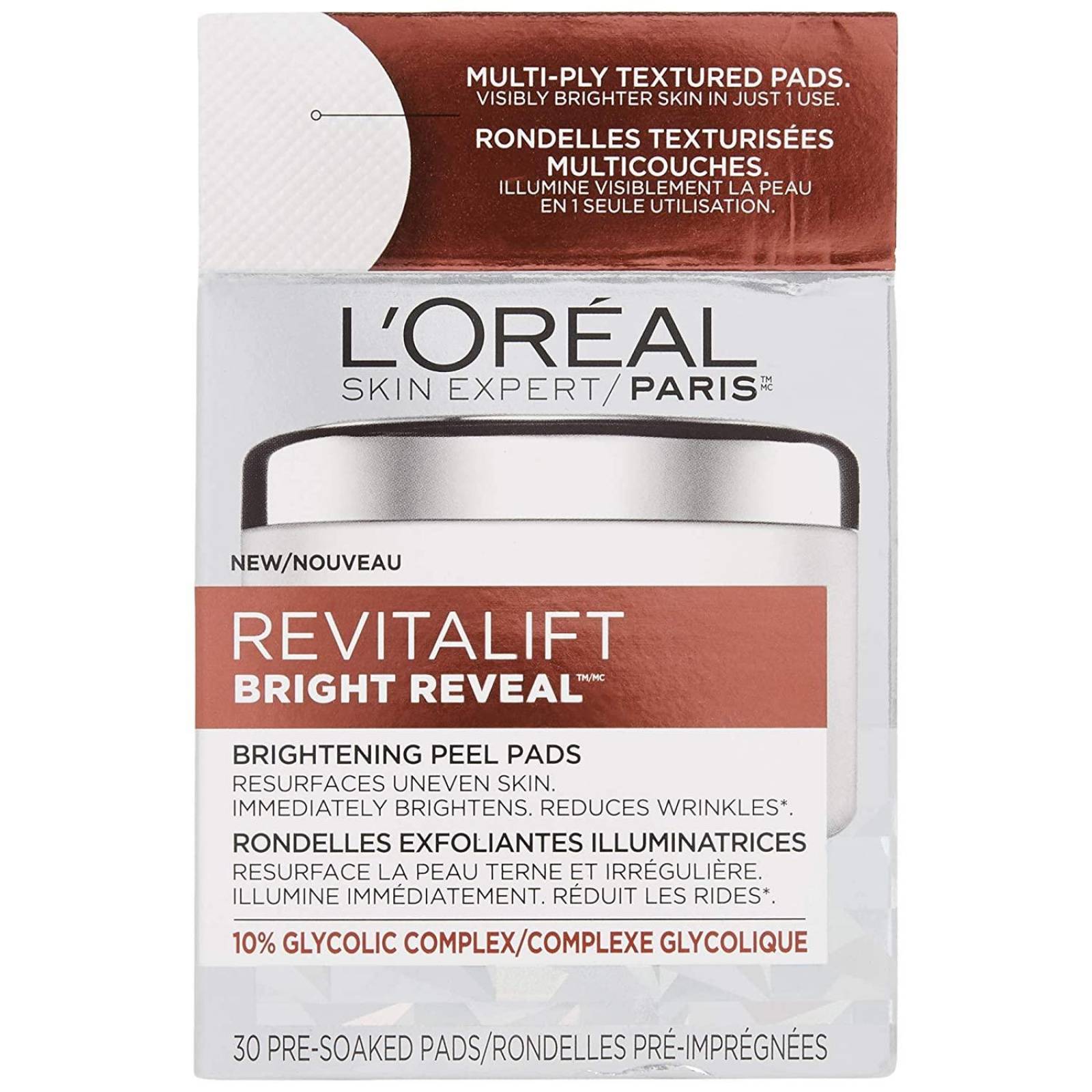 L'Oreal Paris Revitalift Bright Reveal Anti-Aging Peel Pads Almohadillas faciales exfoliantes con ác