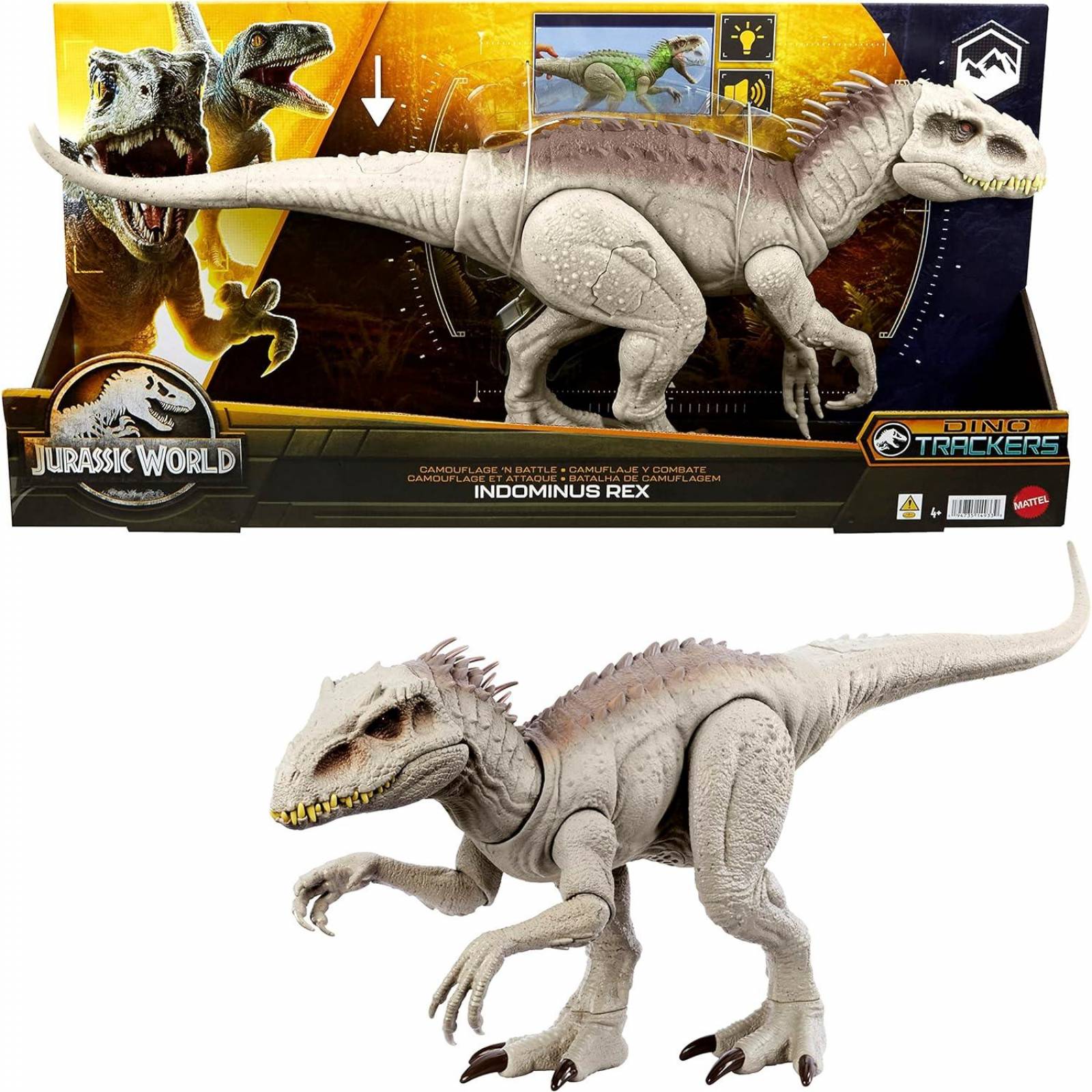 Jurassic World Indominus Rex CAMUFLAJE Y COMBATE, luces y sonido 