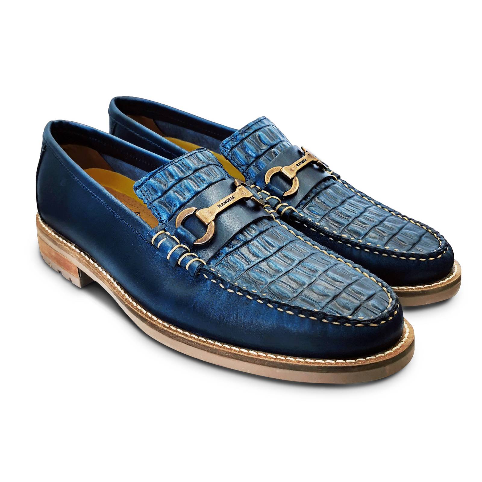 Mocasin Zapato Vestir Boston Randem Exotico Grabado Cocodrilo Azul Marino