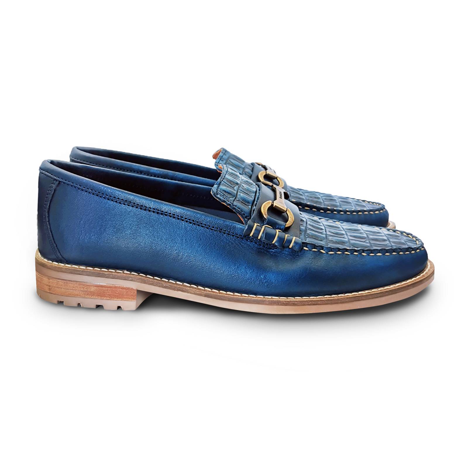 Mocasin Zapato Vestir Boston Randem Exotico Grabado Cocodrilo Azul Marino