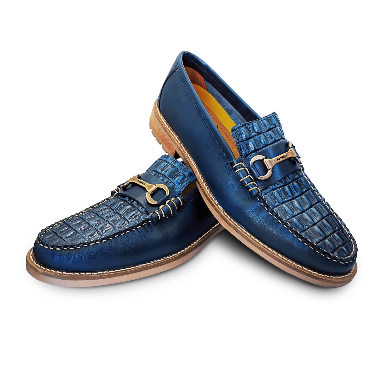 Mocasin Zapato Vestir Boston Randem Exotico Grabado Cocodrilo Azul Marino