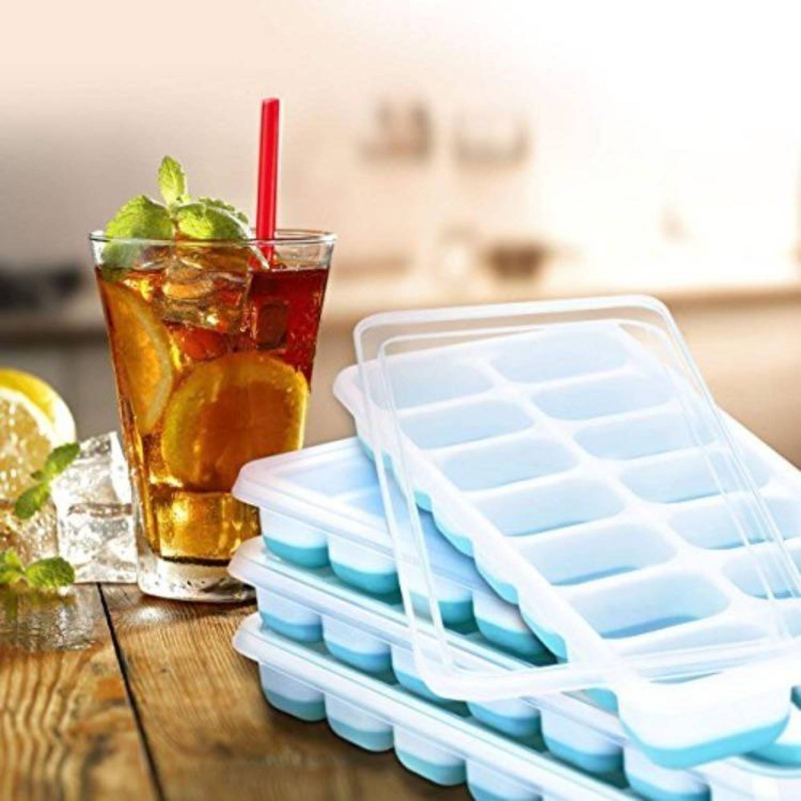 U Chef Molde Cubitos Cubos De Hielo Tapa Sin Bpa Set De 4 Celeste 25.4