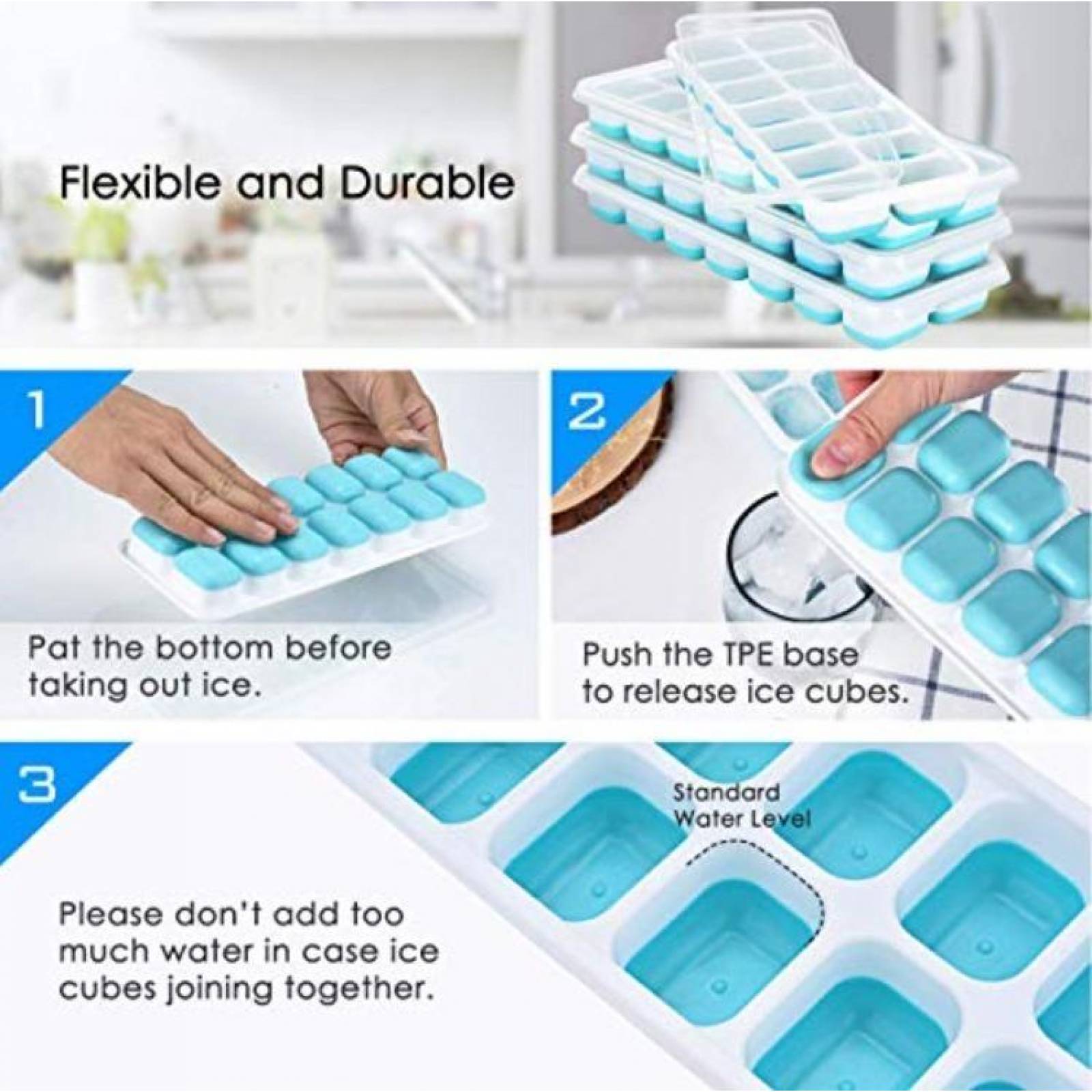 U Chef Molde Cubitos Cubos De Hielo Tapa Sin Bpa Set De 4 Celeste 25.4