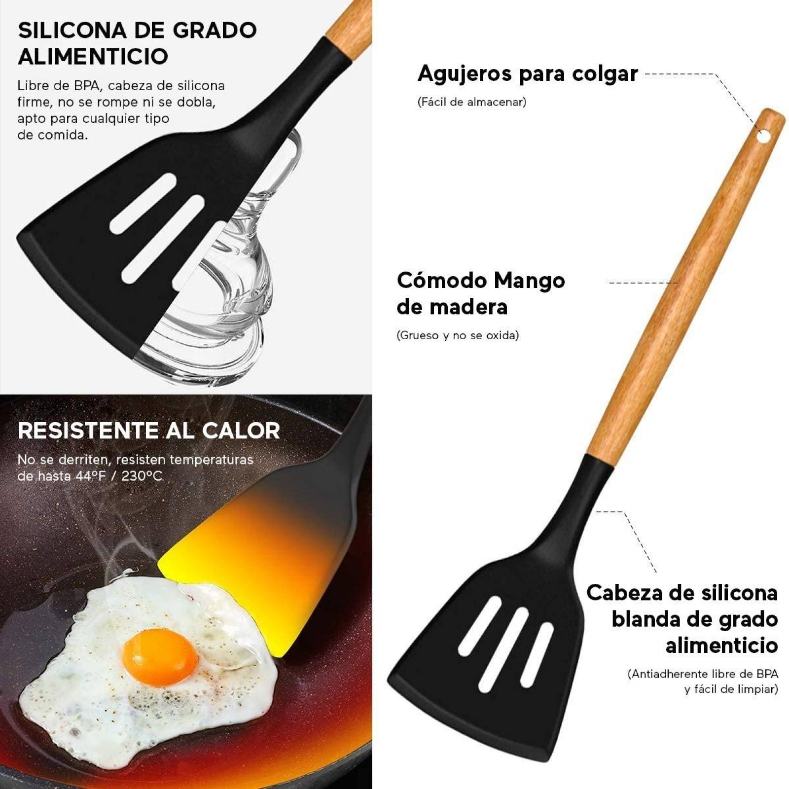 U Chef Utensilios De Cocina V3 Con Soporte, Madera Y Silicón 