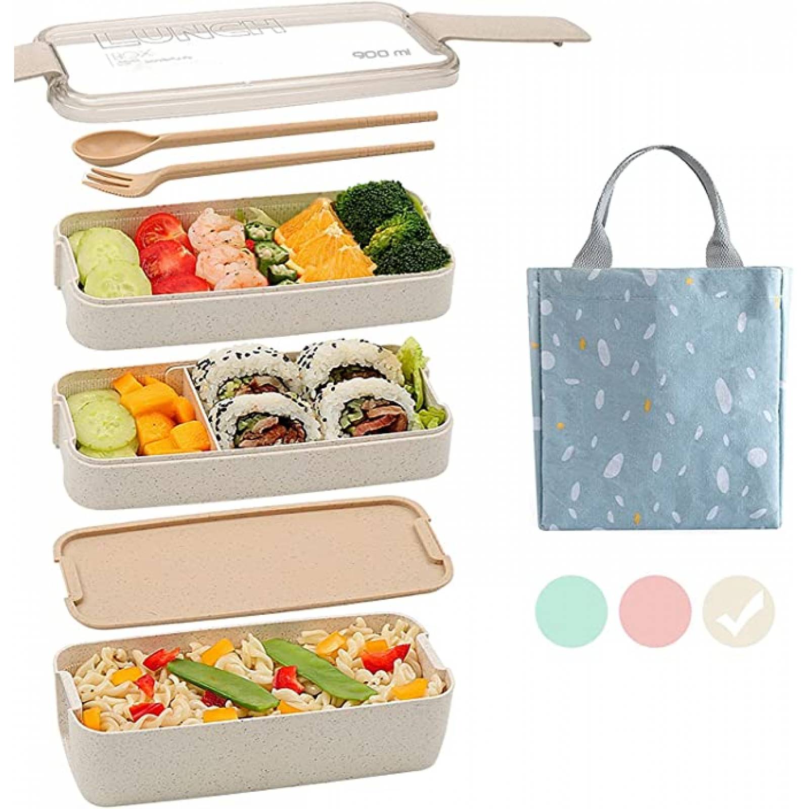 U Chef Lonchera tipo bento con 3 espacios de silicona para comida, incluye bolsa portátil (3 piezas) (Beige)