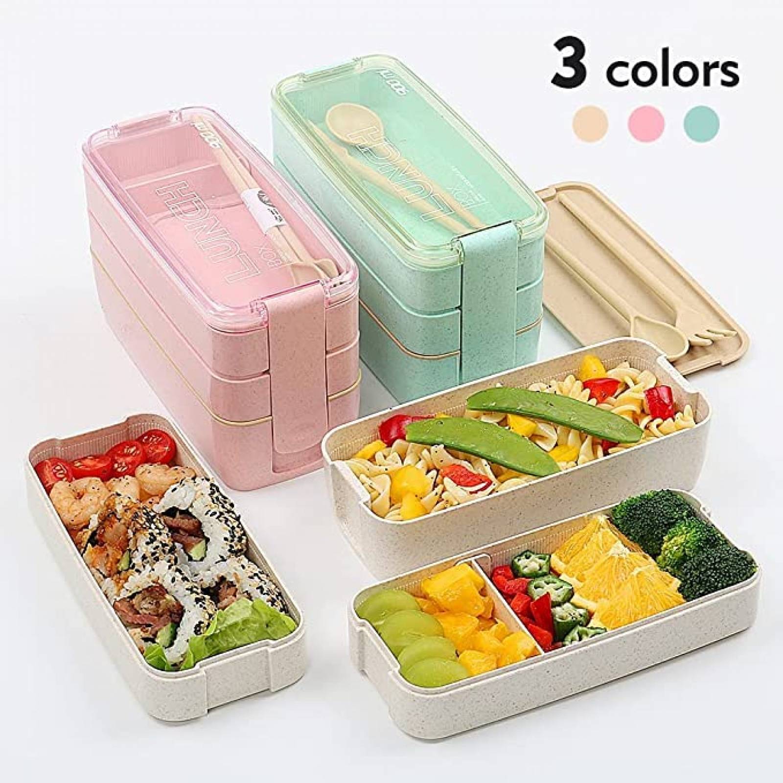 U Chef Lonchera tipo bento con 3 espacios de silicona para comida, incluye bolsa portátil (3 piezas) (Beige)