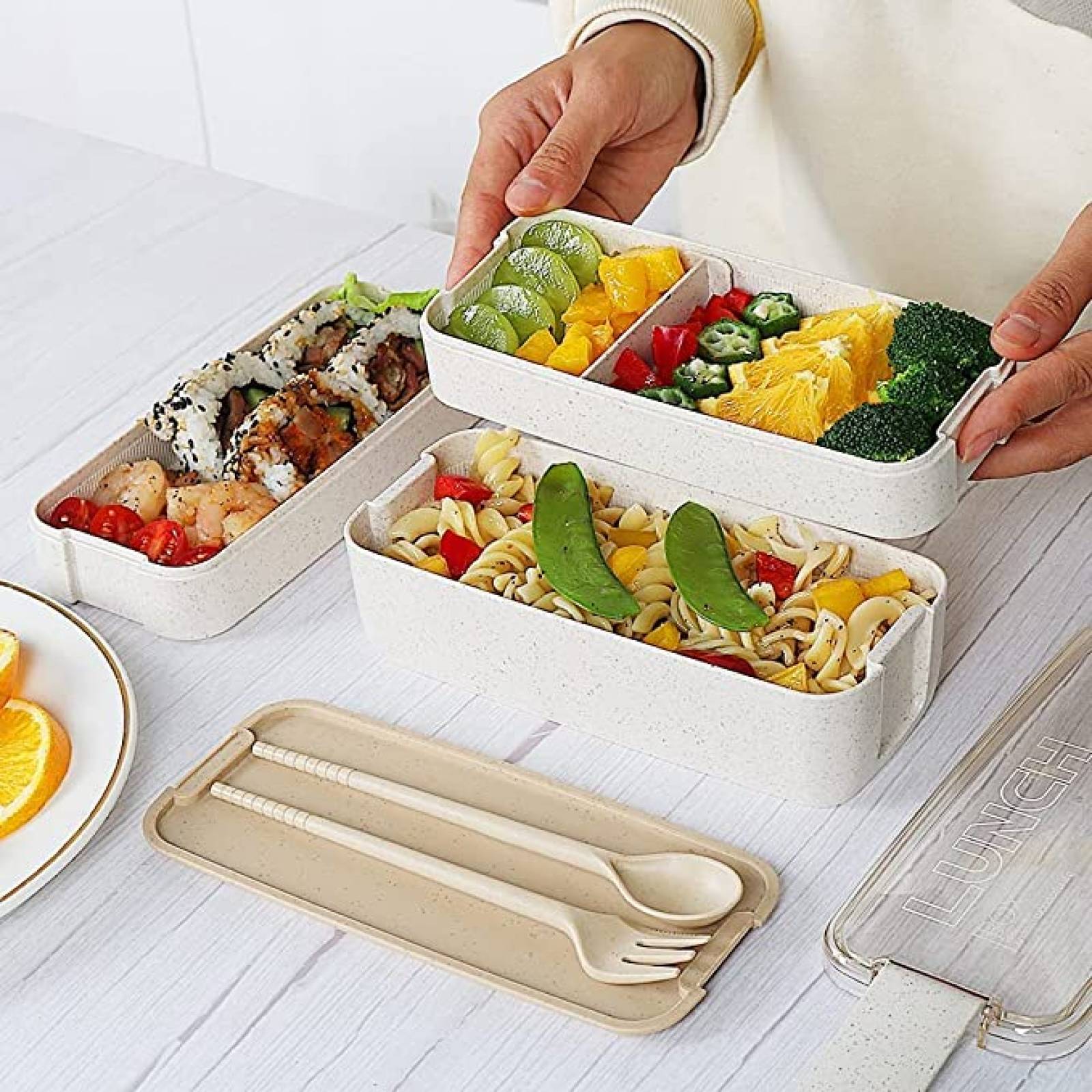 U Chef Lonchera tipo bento con 3 espacios de silicona para comida, incluye bolsa portátil (3 piezas) (Beige)