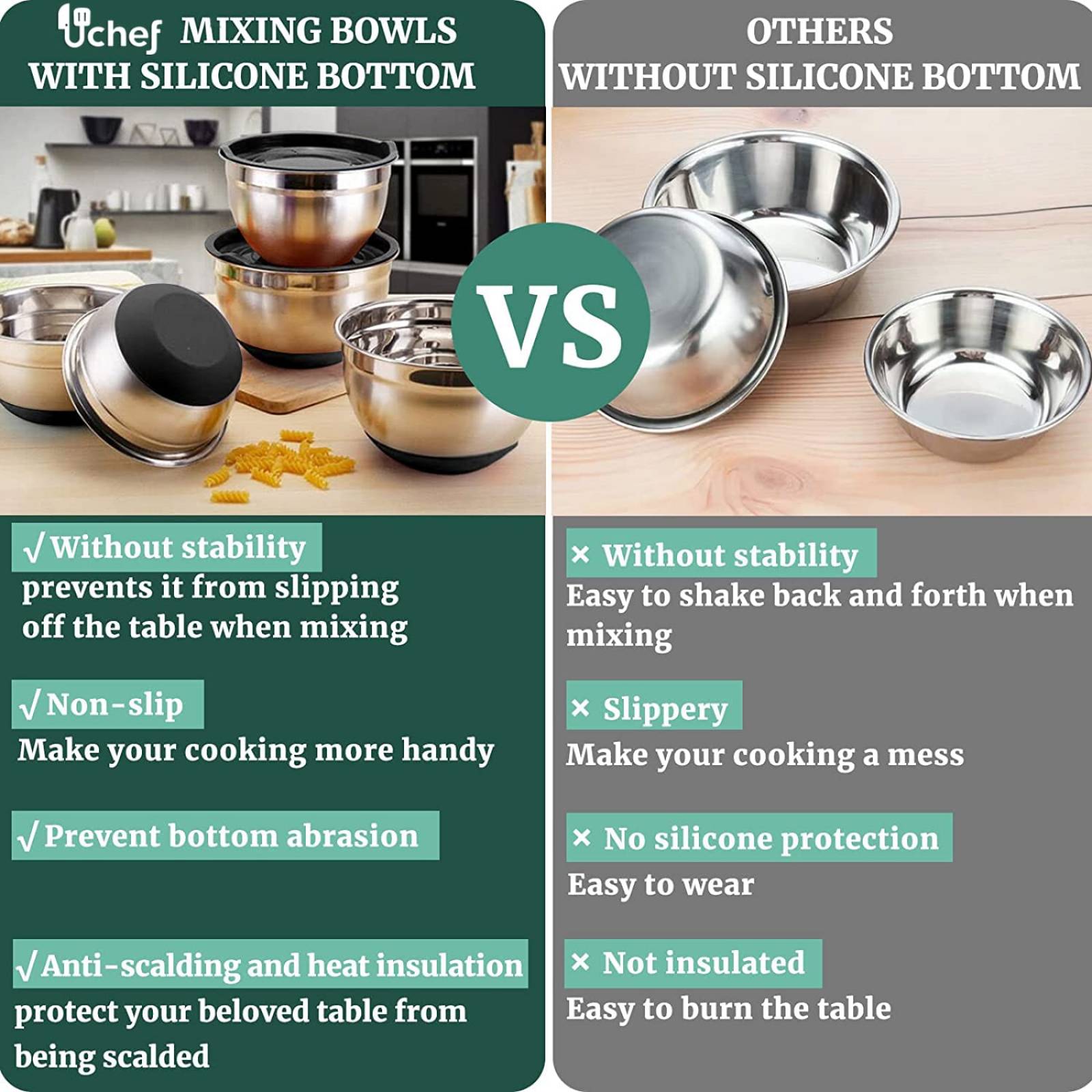 U Chef Set de bowls de acero inoxidable para cocina y recipientes de diferentes tamaños 6 piezas negro