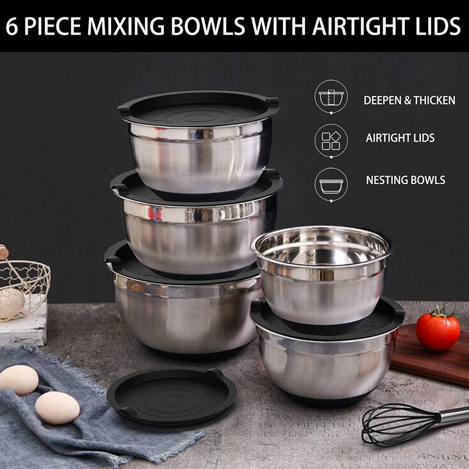 U Chef Set de bowls de acero inoxidable para cocina y recipientes de diferentes tamaños 6 piezas negro