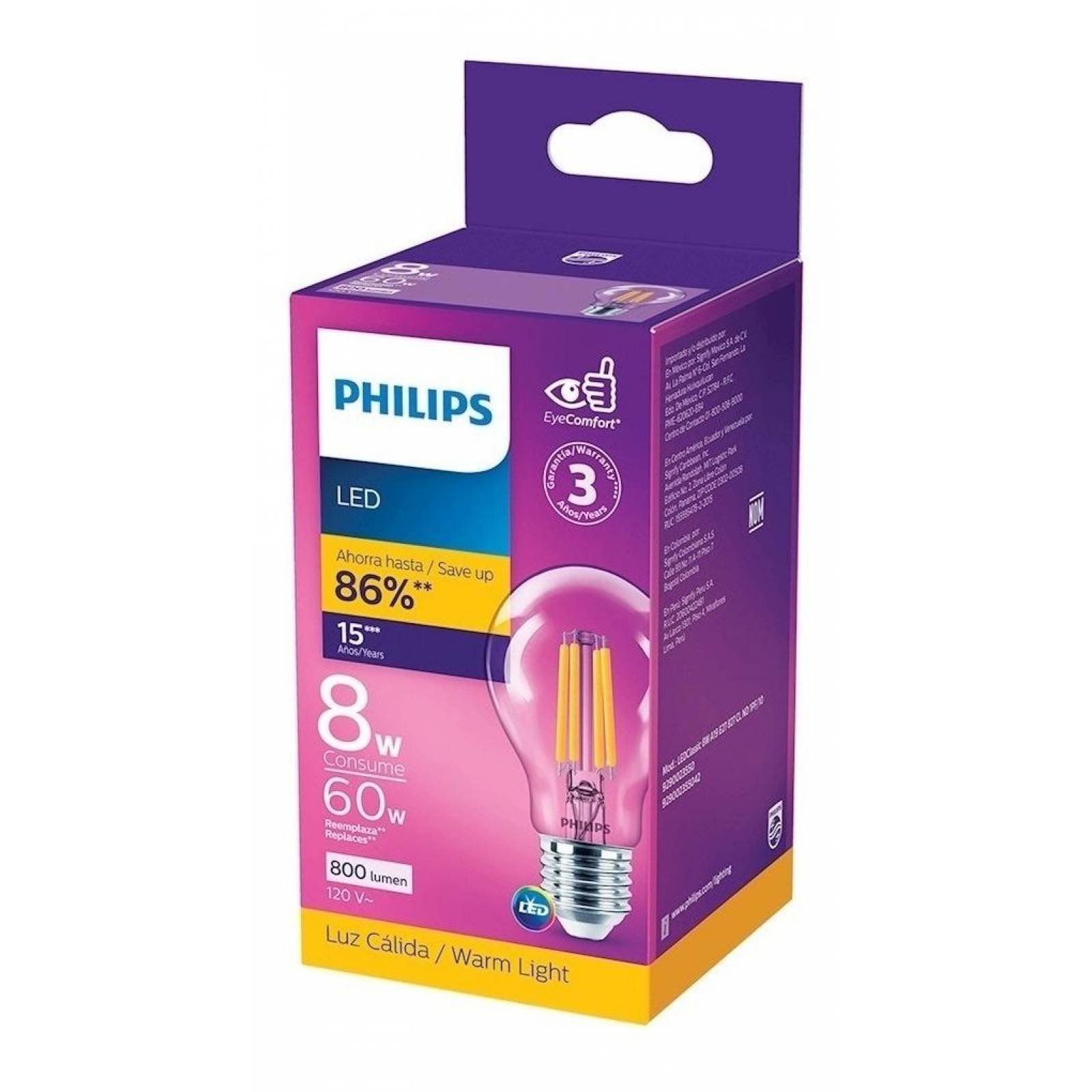 Foco Led Philips 8 Watts 800 Lúmenes Luz Blanca Cálida Dh 