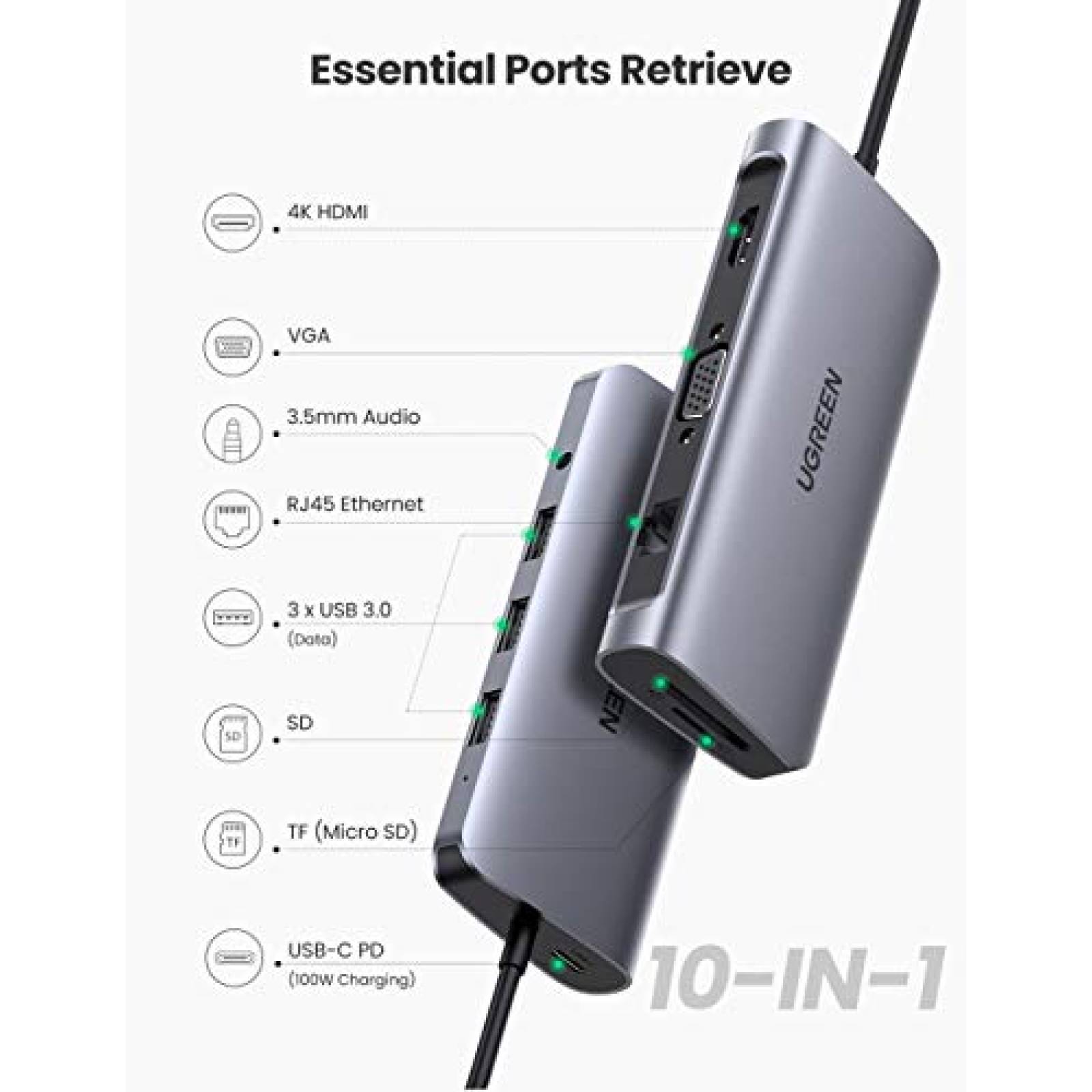 UGREEN Hub USB C 10 en 1 USB C Hub Adaptador a HDMI 4K@ 1 S20 Mate 40 Mate 40 Pro