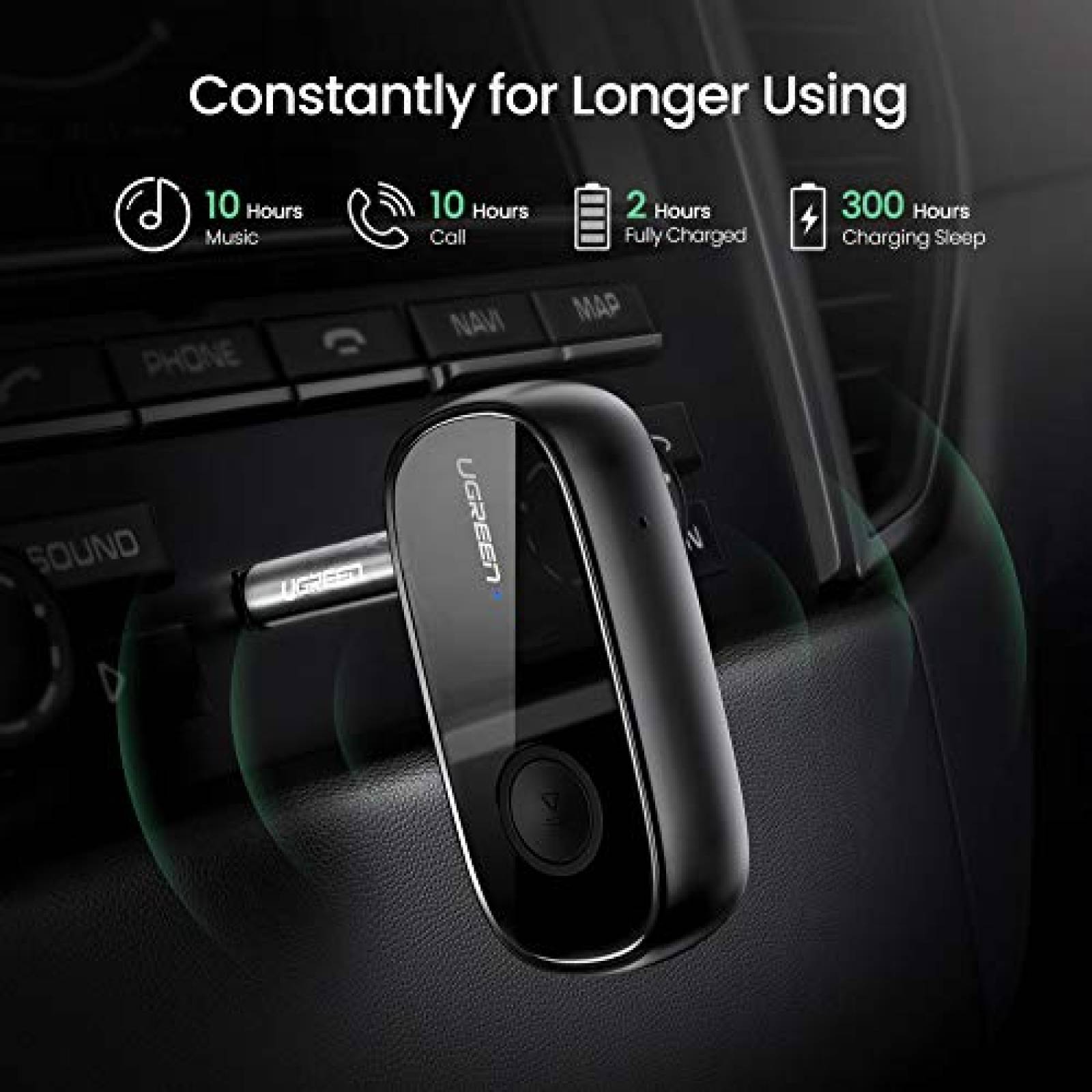 UGREEN Receptor Bluetooth 5.0 Con APTX HD Adaptador Inalámbrico para Auto Convertidor Portátil de con Micrófono y Mas